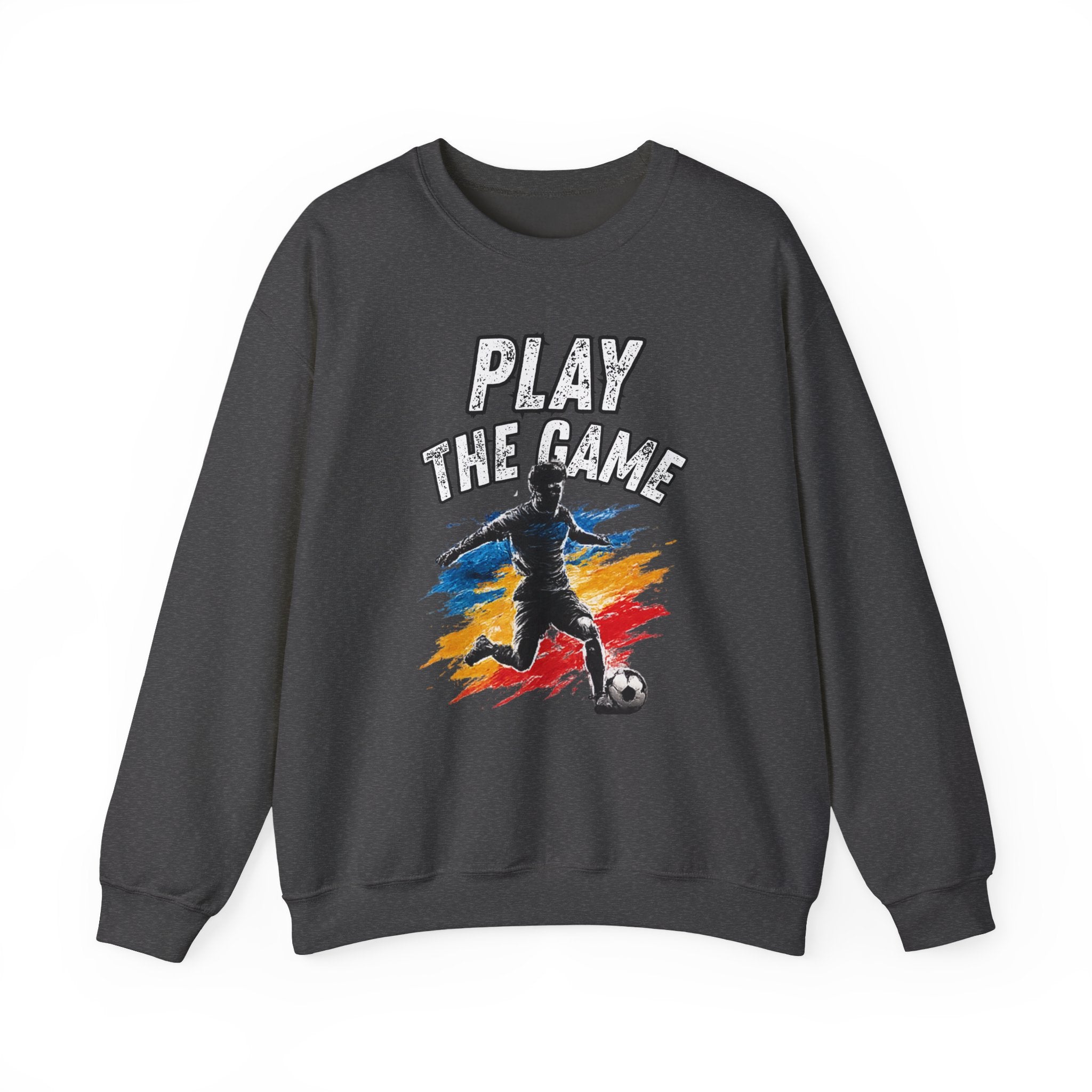 Dark grey sweatshirt featuring a graphic print of a soccer player kicking a ball with the text 'PLAY THE GAME' in white, set against a plain white background.