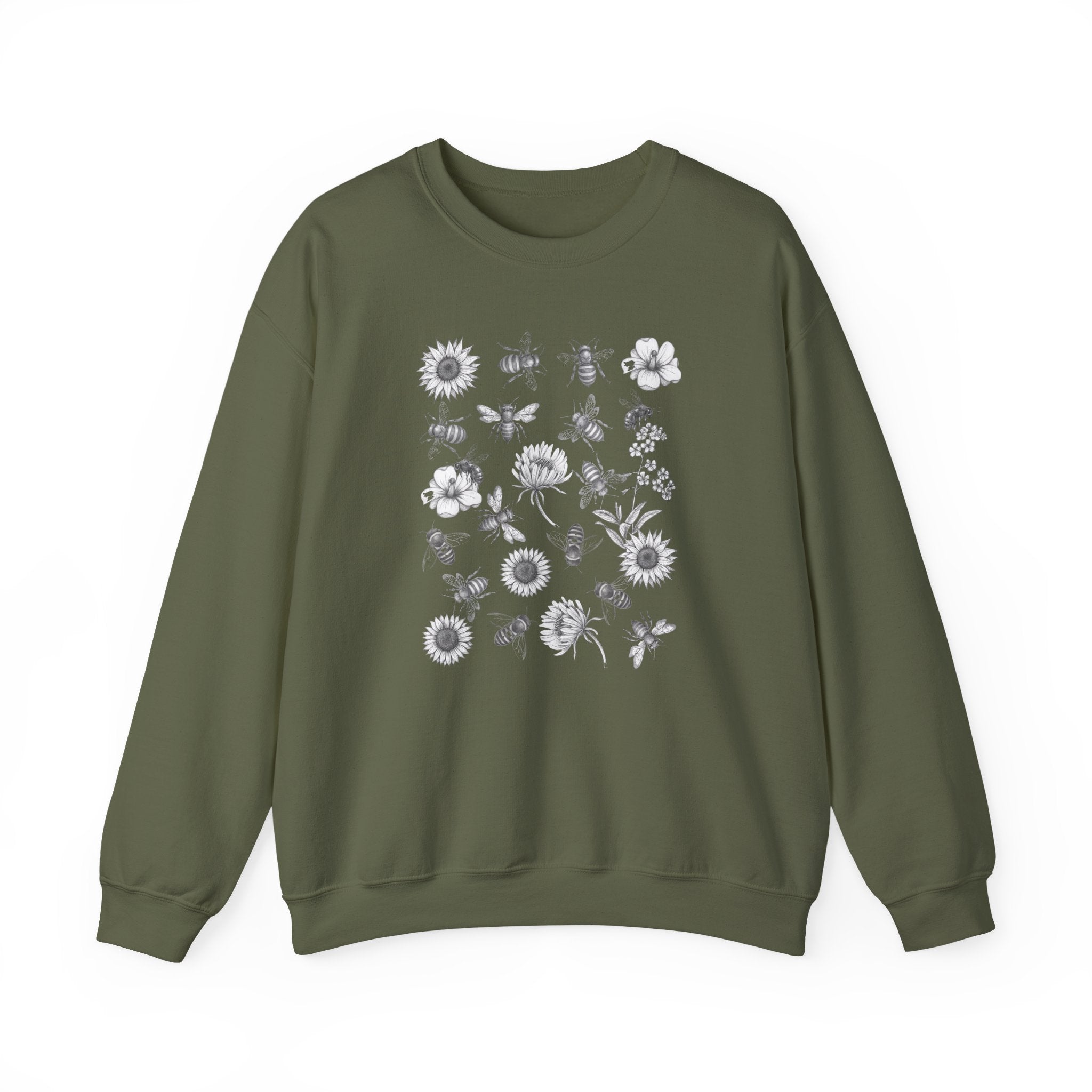 Green sweatshirt with floral and bee design on a white background