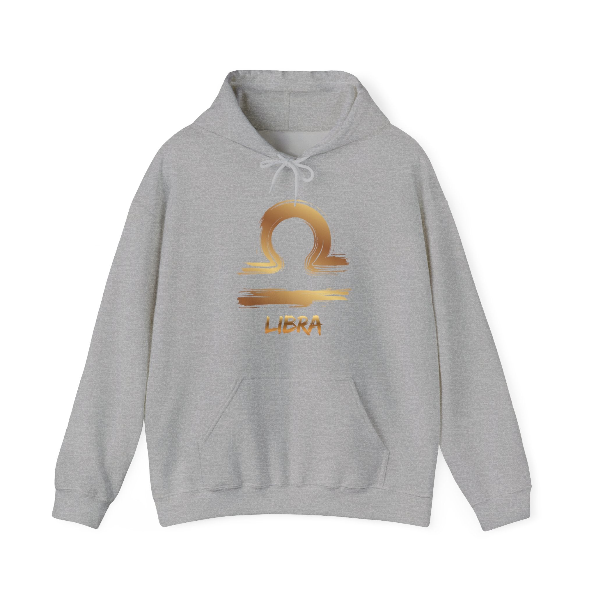 Gray hoodie with gold Libra symbol and text on a white background