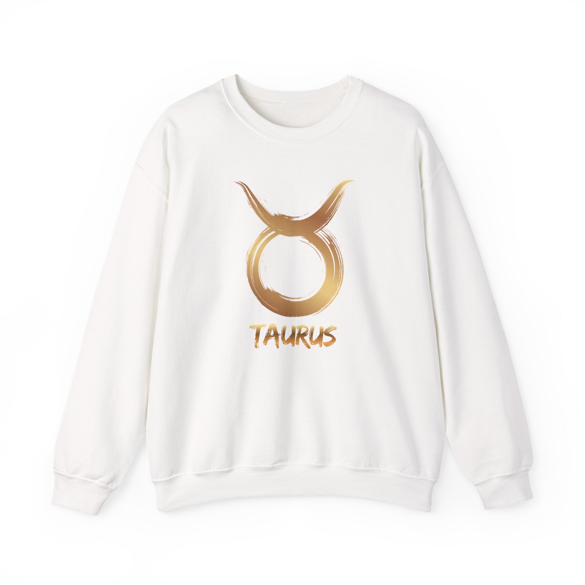 White sweatshirt with gold Taurus symbol and text on a white background