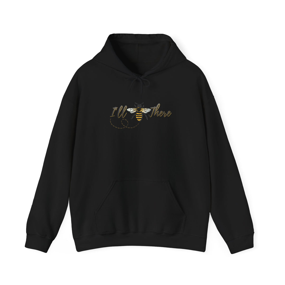 Black hoodie with a bee and text  design on a white background