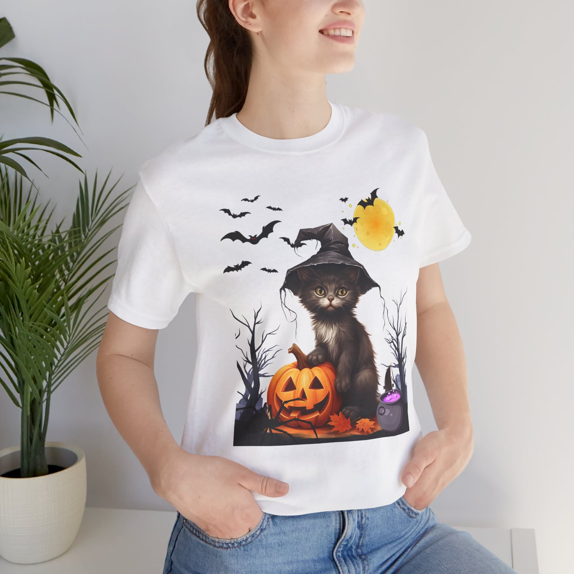 Halloween Cat with Bats and Spider T-shirt for Men and Women