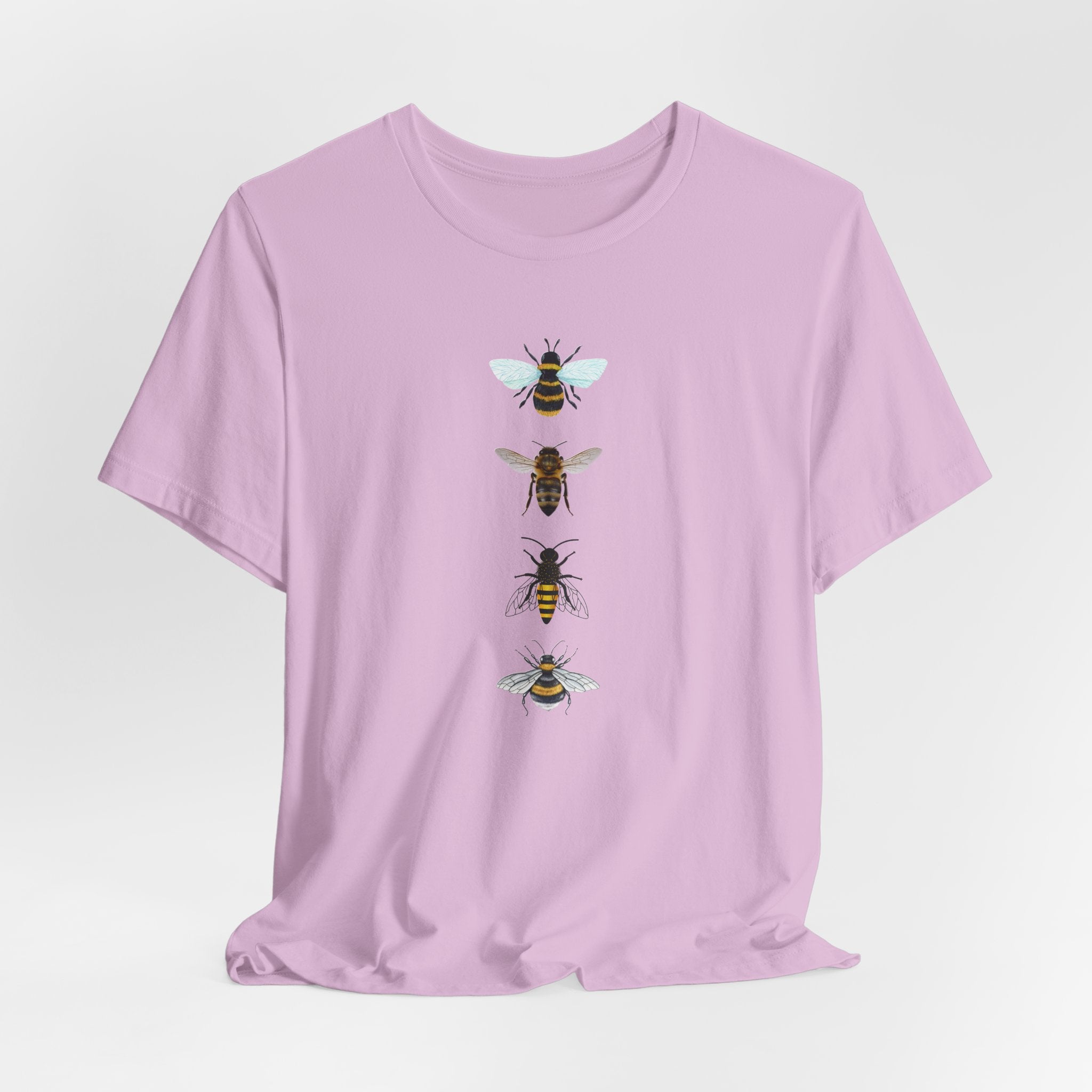 Light purple t-shirt with bee illustrations on a light gray background