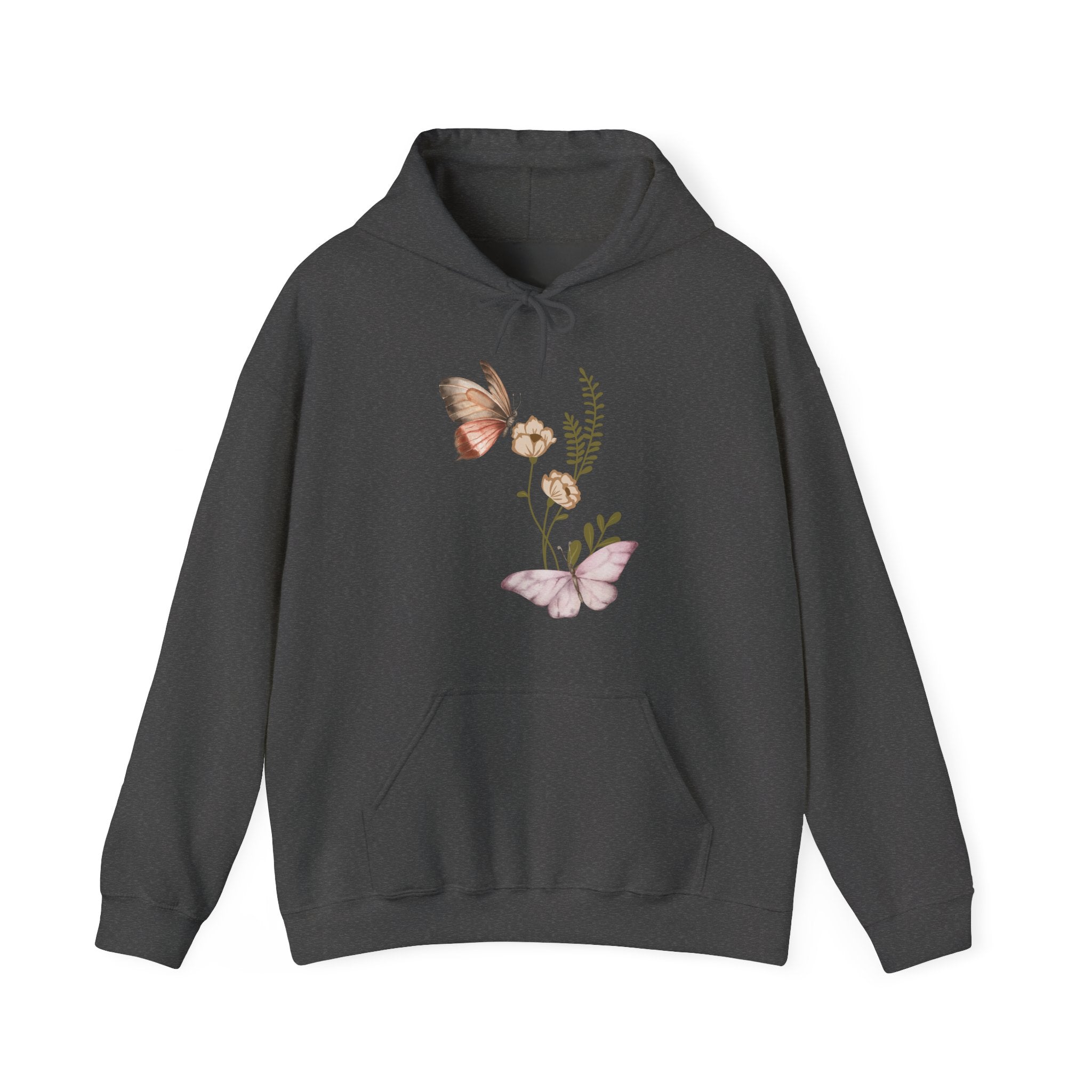 Dark gray hoodie with butterfly and floral design on a white background