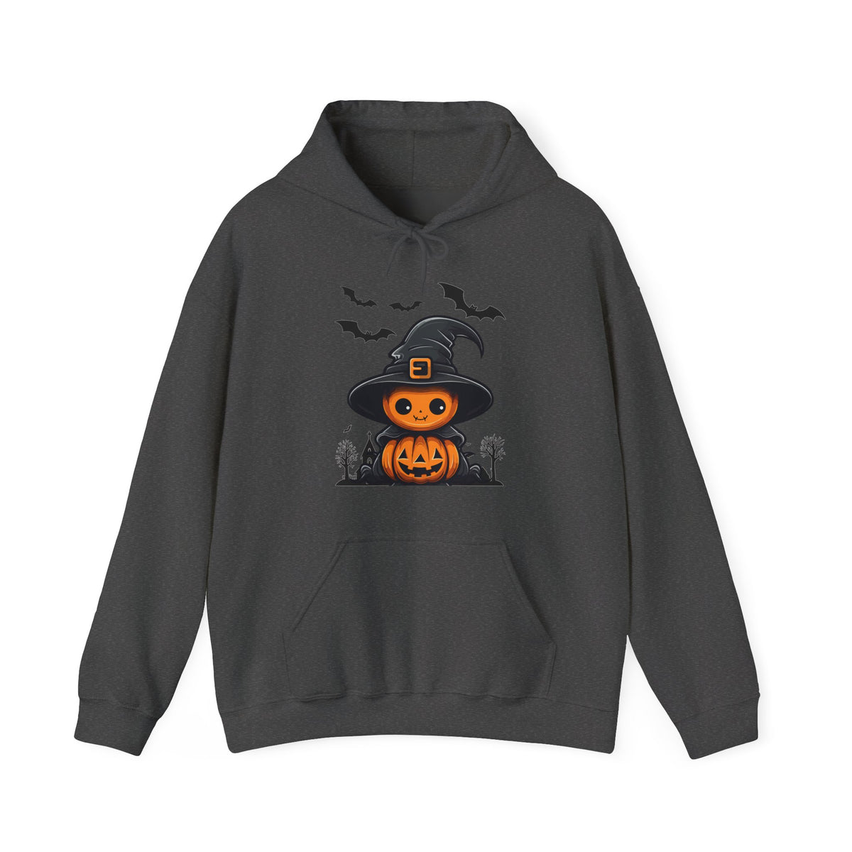 Dark gray hoodie with Halloween-themed design on a white background
