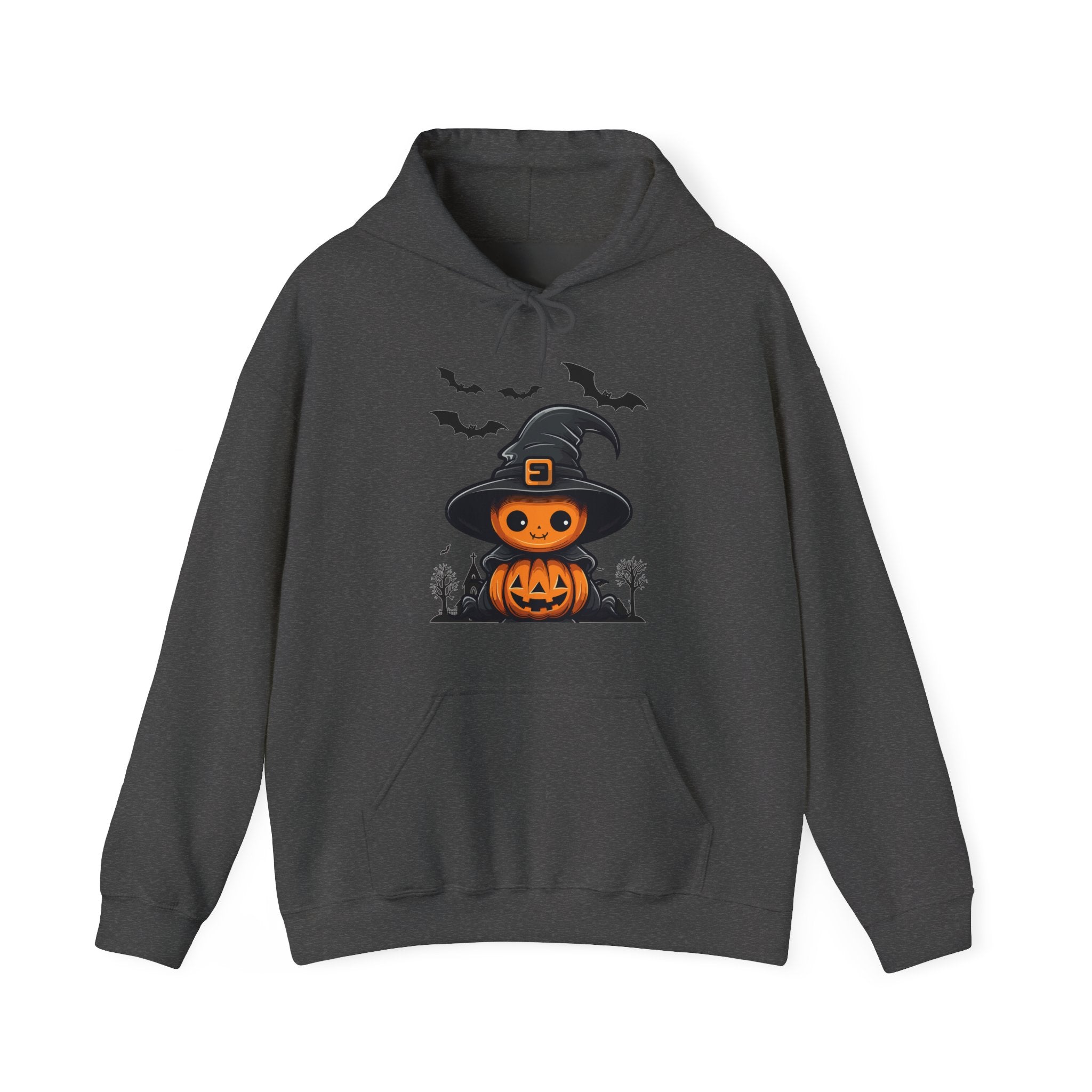 Dark gray hoodie with Halloween-themed design on a white background