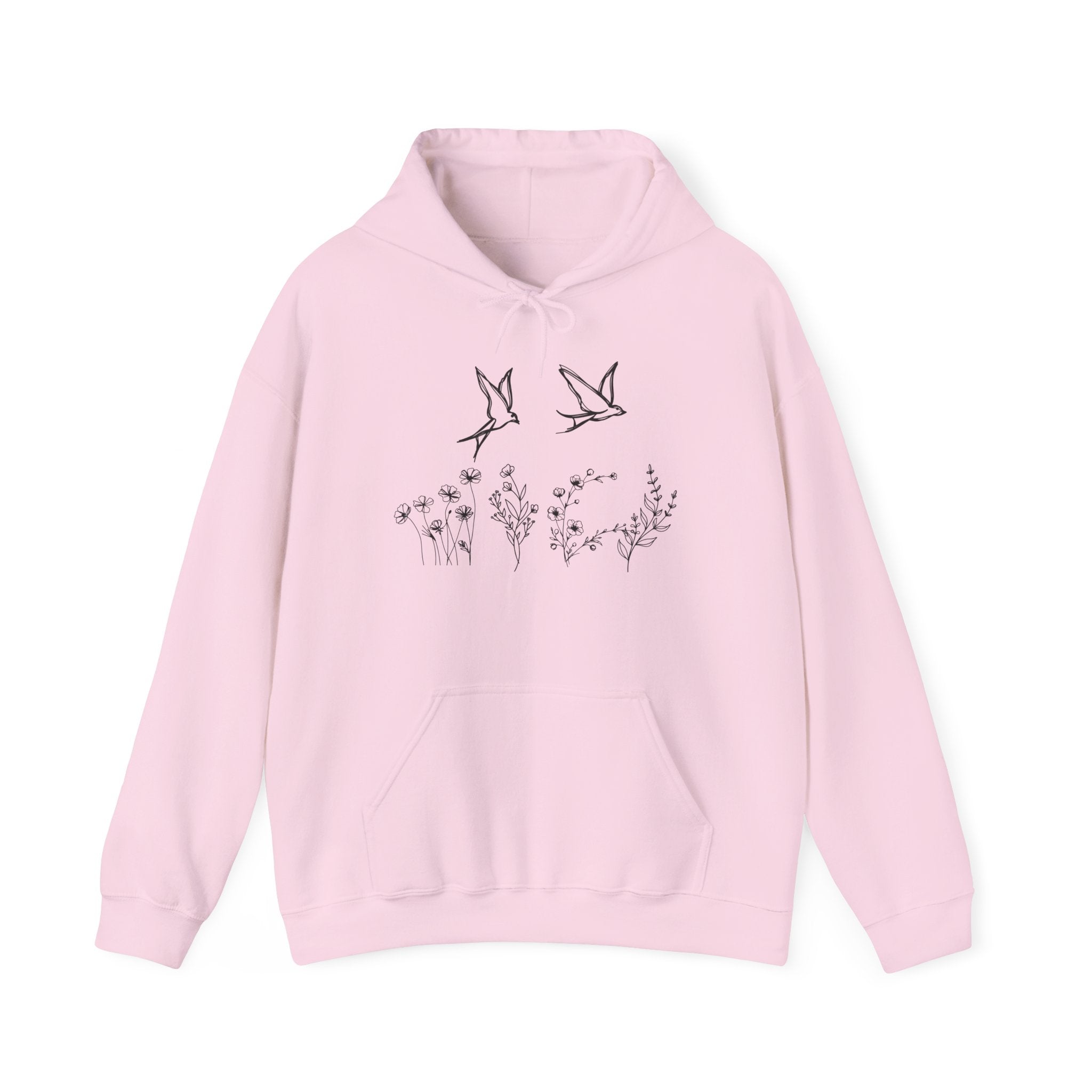 Pink hoodie with a bird and flower graphics on a white background