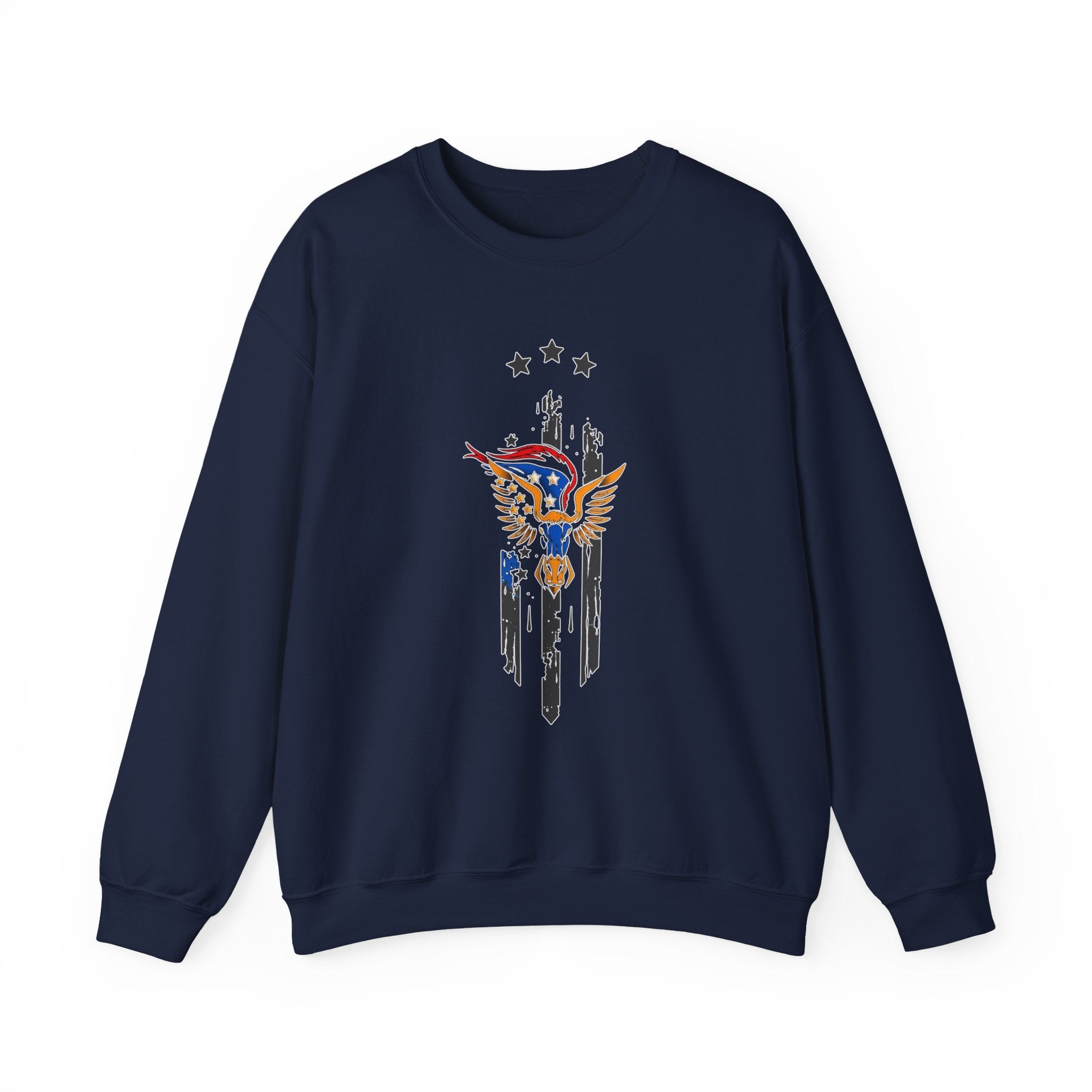 Navy blue sweatshirt with a colorful eagle design on a white background