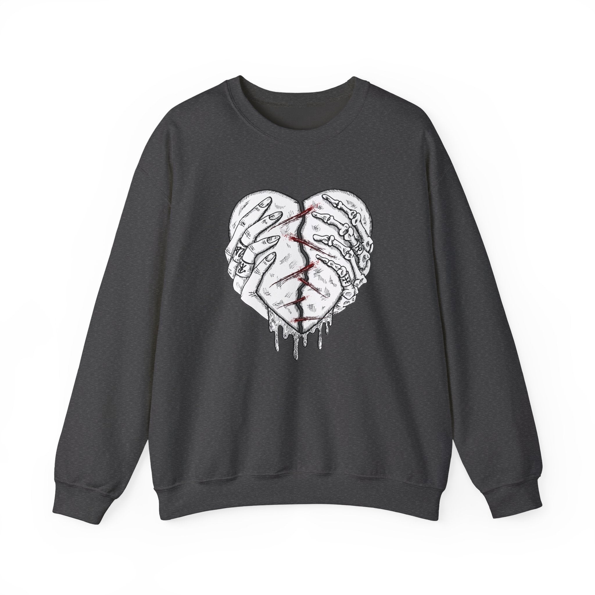 Dark gray sweatshirt with a graphic design of a heart and hands on a white background