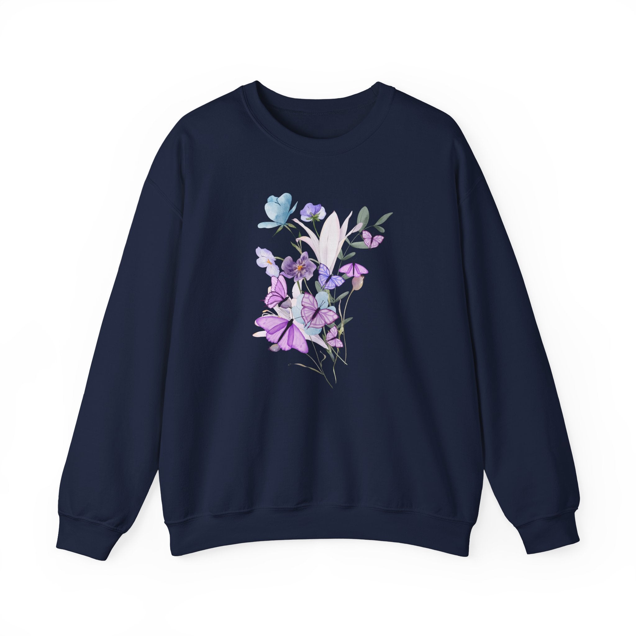 Navy blue sweatshirt with a graphic design and the word 'Flow' on a white background