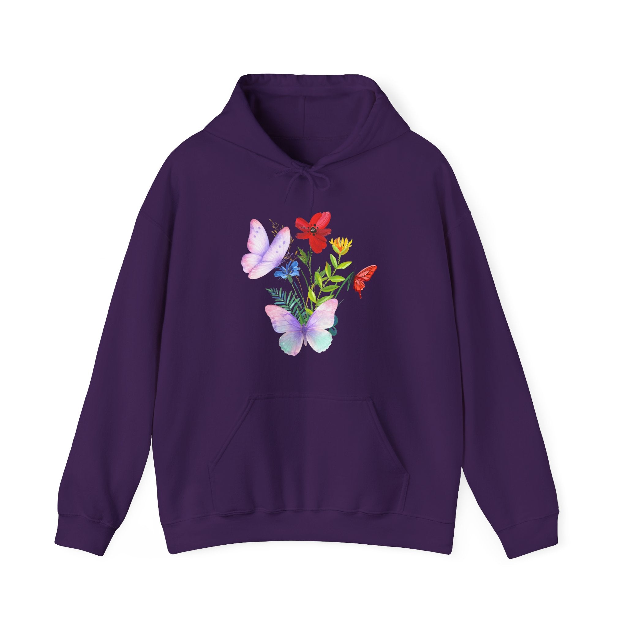 Purple hoodie with butterfly and floral design on a white background