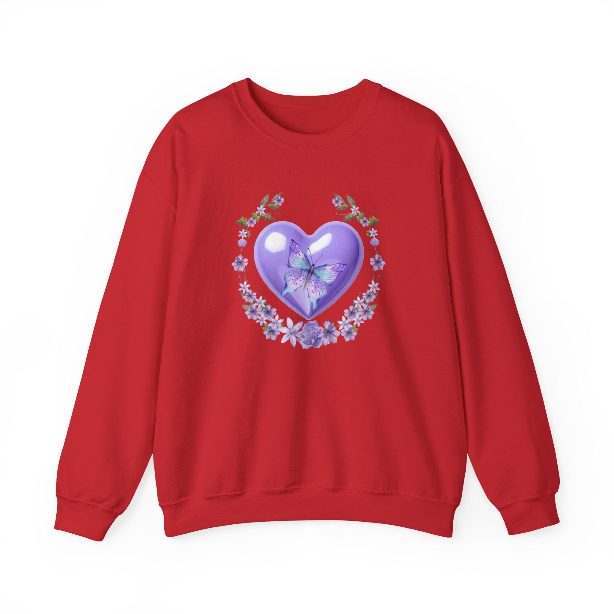 Red sweatshirt with a purple heart design featuring a butterfly on a white background