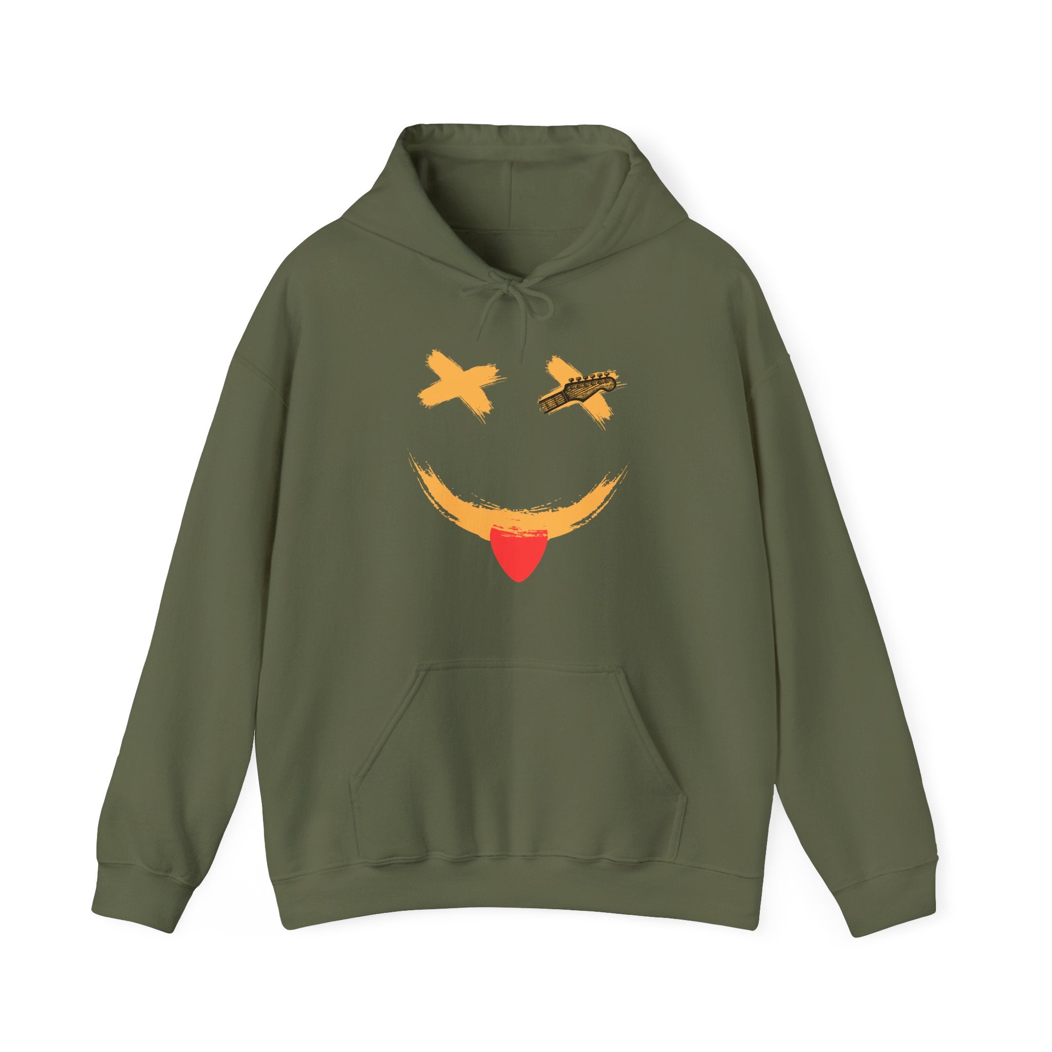 Military green hoodie with a smiley face guitar graphic design on a white background