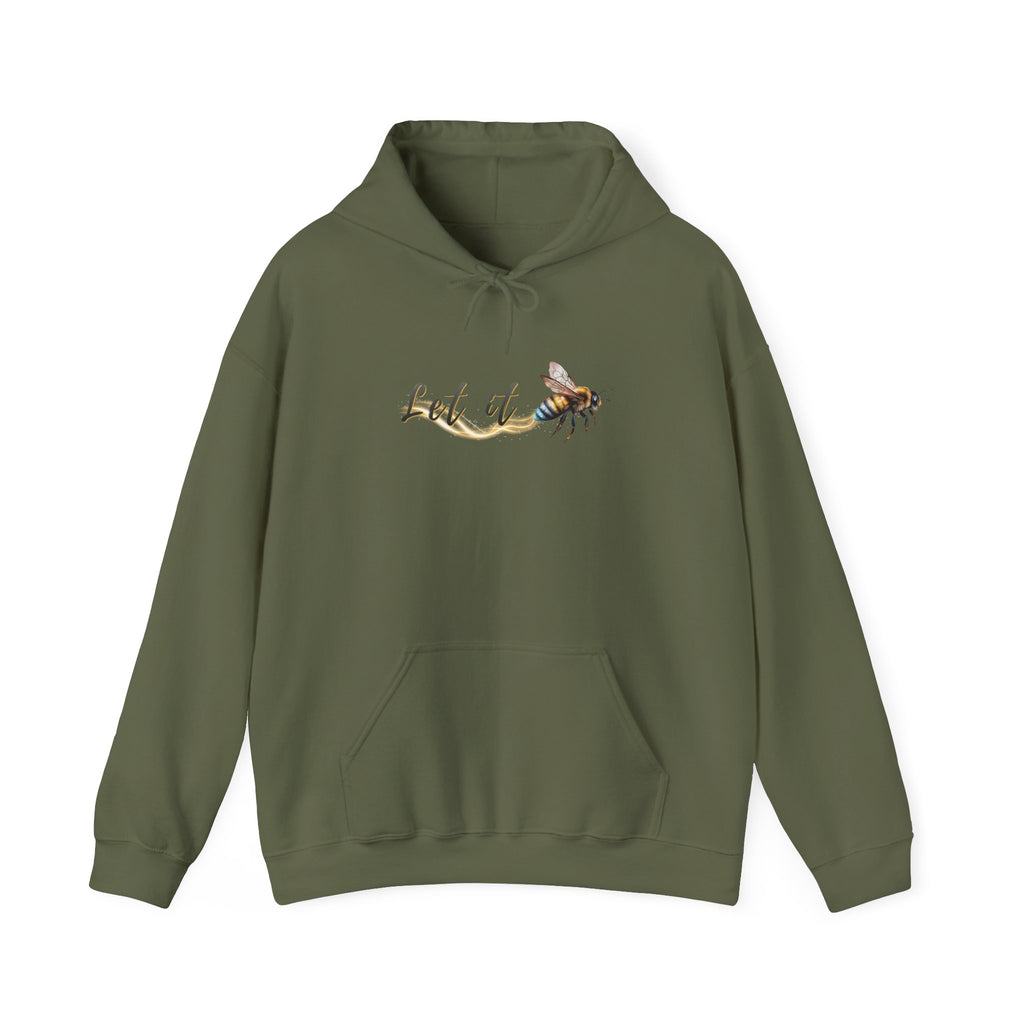 Military green hoodie with a bee and 'Let it' text design on a white background