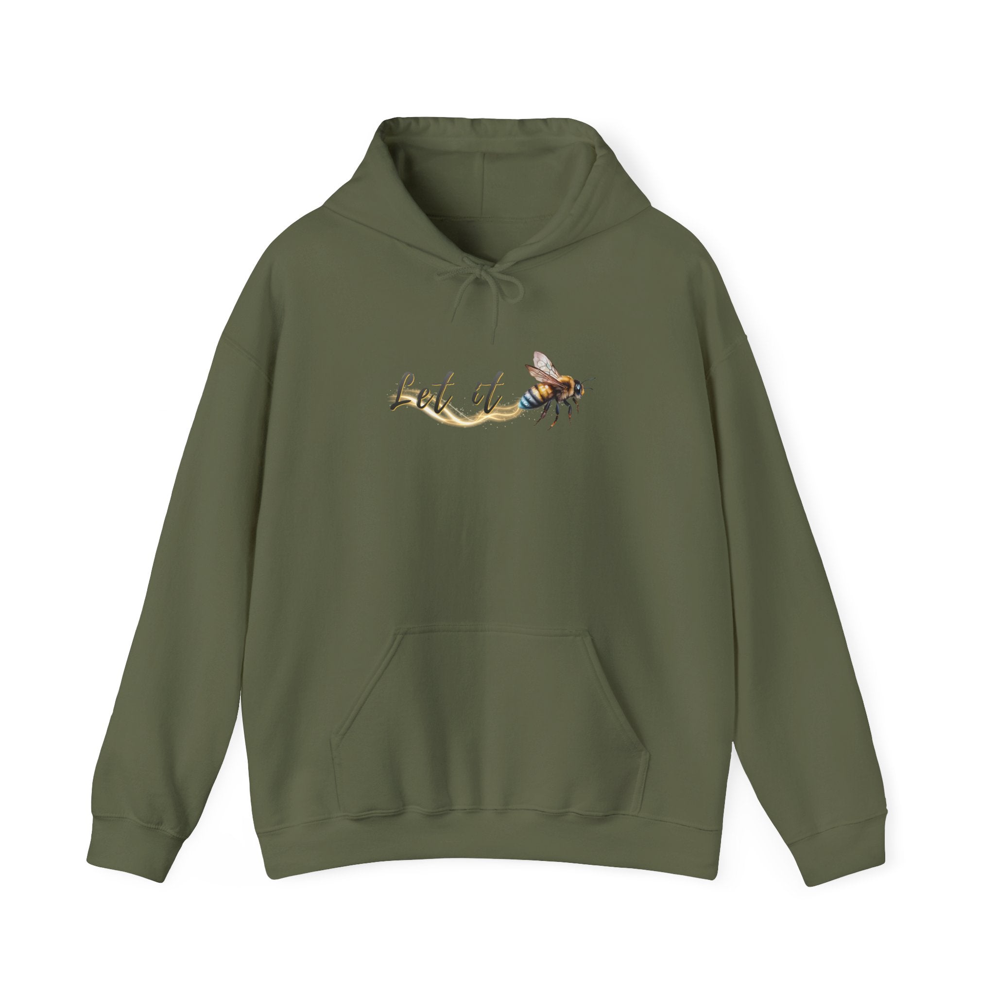 Military green hoodie with a bee and 'Let it' text design on a white background