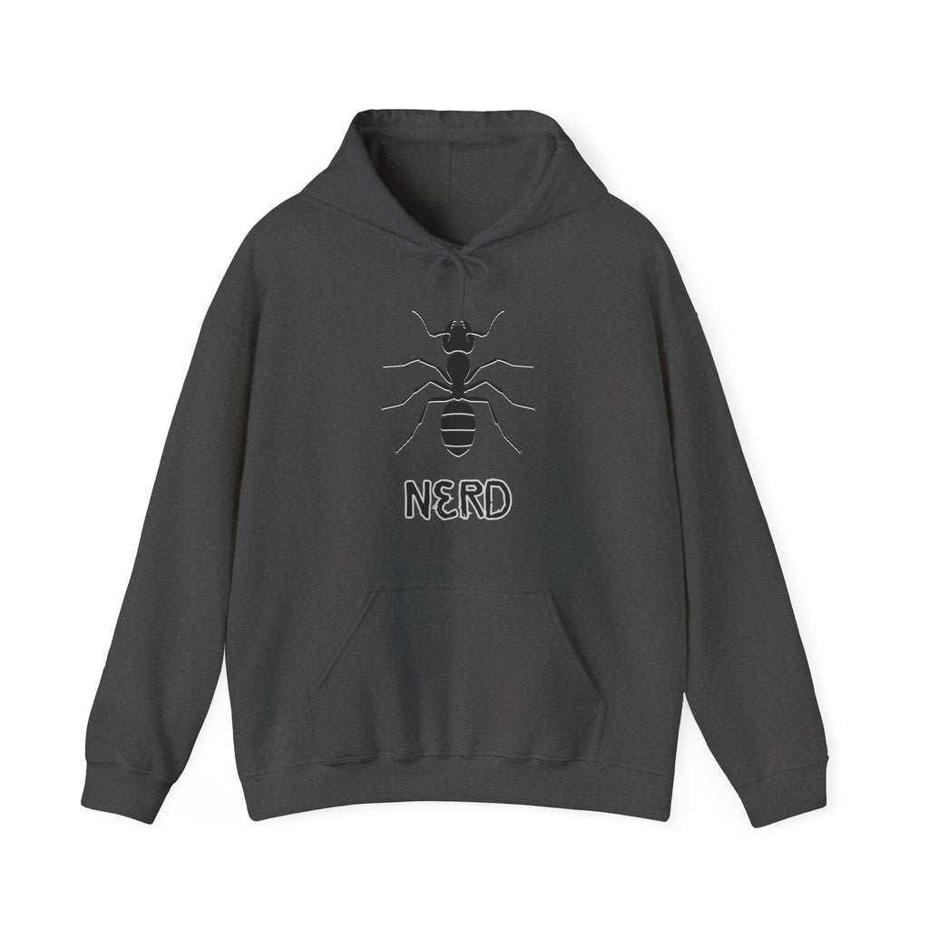 Dark gray hoodie with ant and 'NERD' text design on a white background
