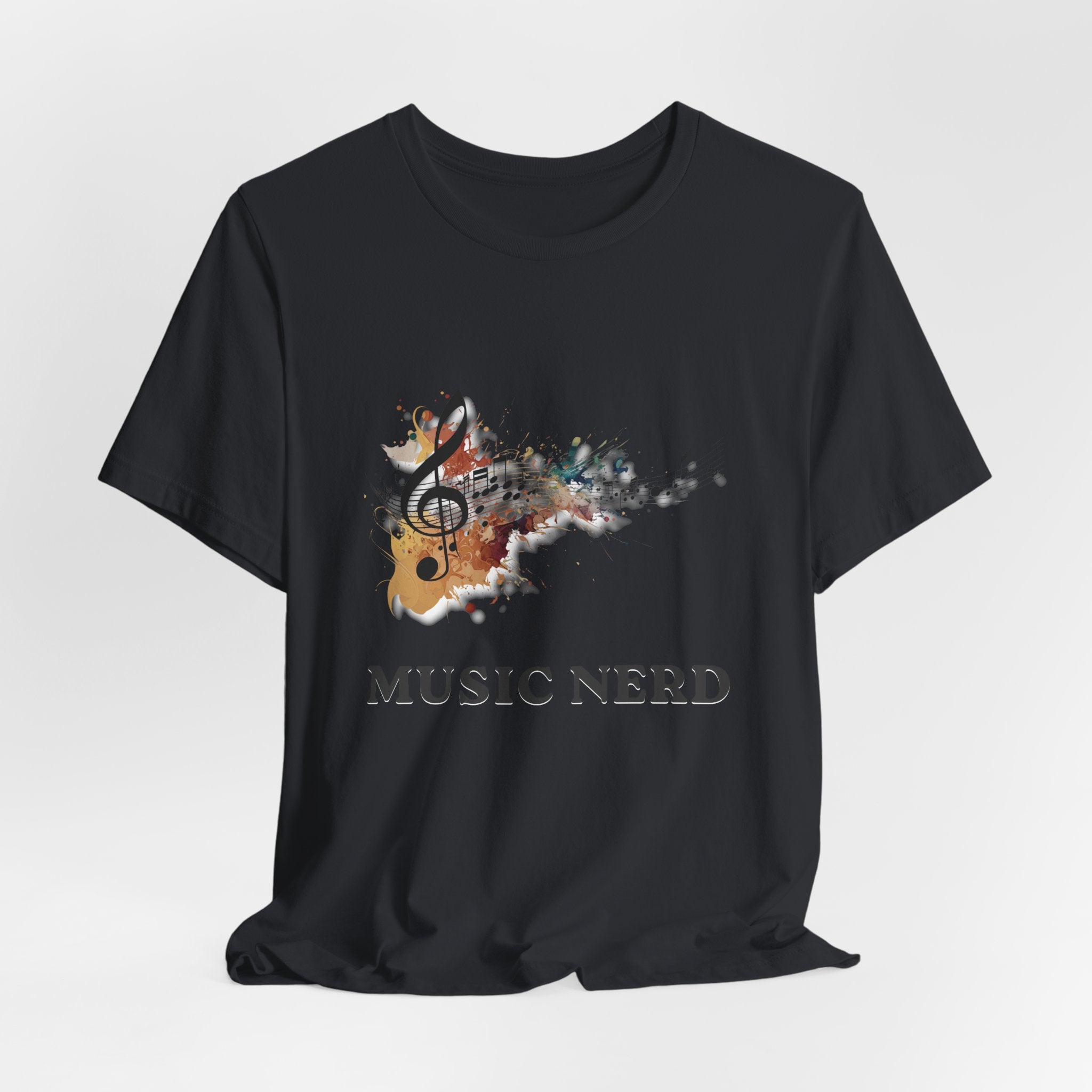 Black t-shirt with a music-themed design and 'MUSIC NERD' text on a white background