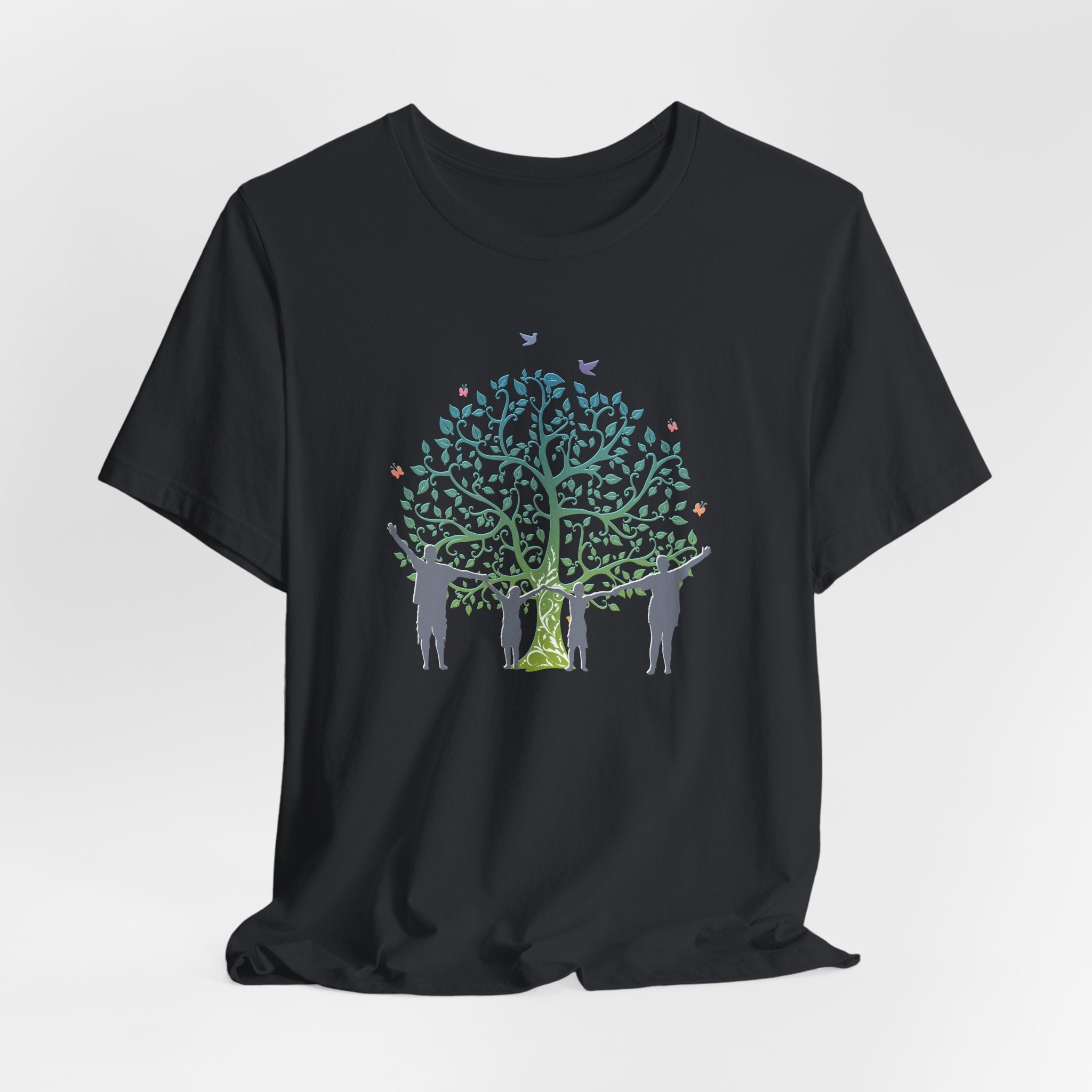 Black t-shirt with a colorful tree and people graphic on a white background