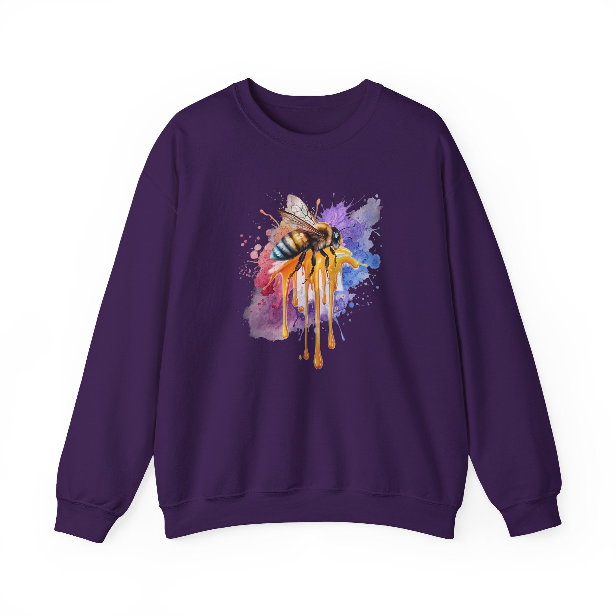 Purple sweatshirt with a colorful bee and honey design on a white background