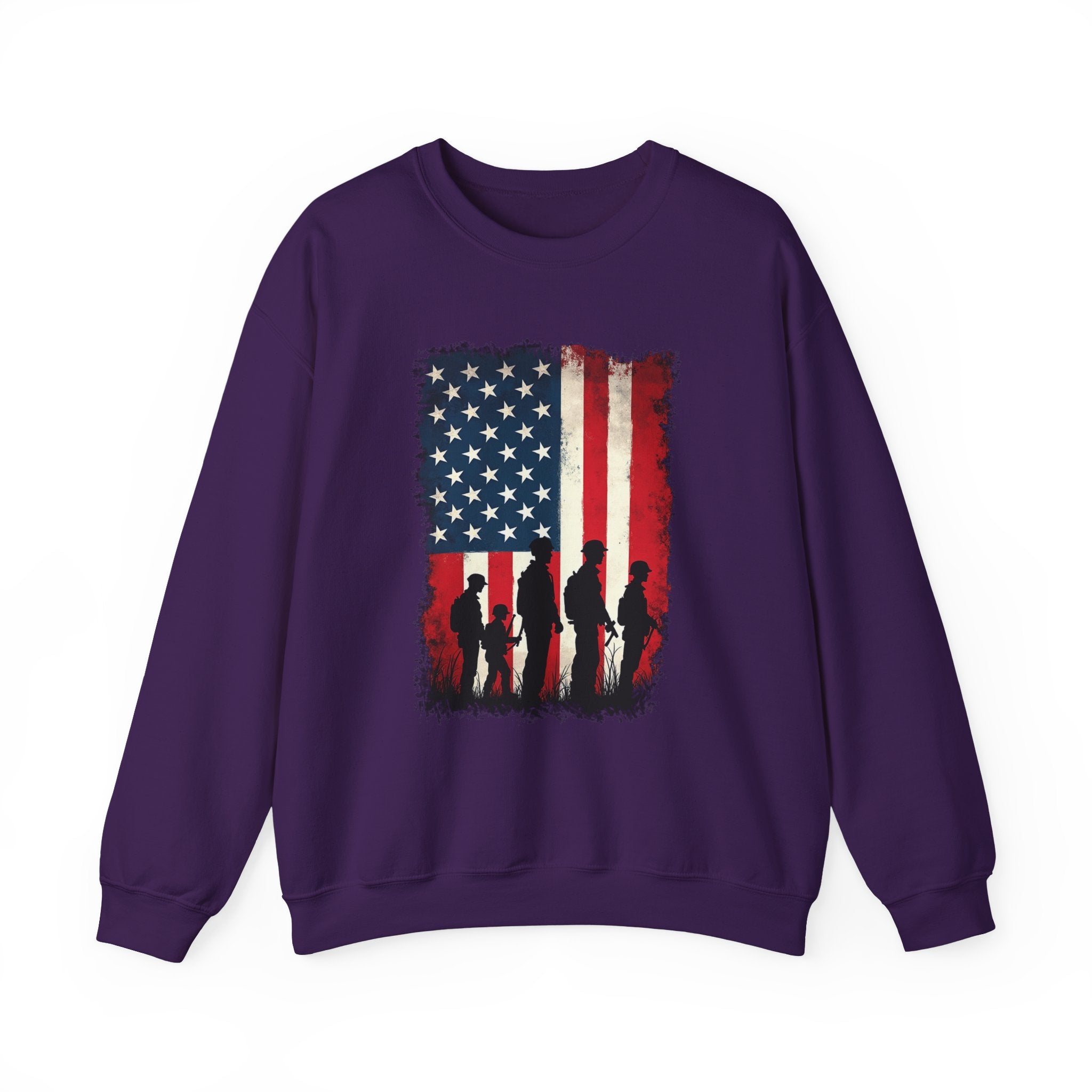 Purple sweatshirt with American flag and silhouette design on a white background