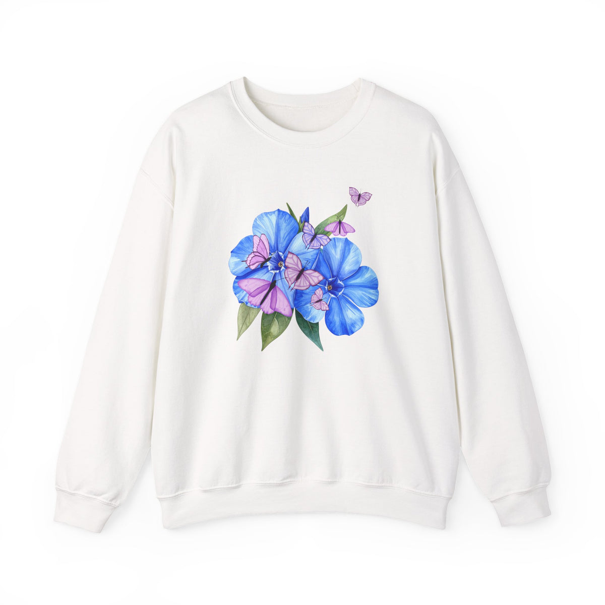 White sweatshirt with a flower and butterfly design on a white background
