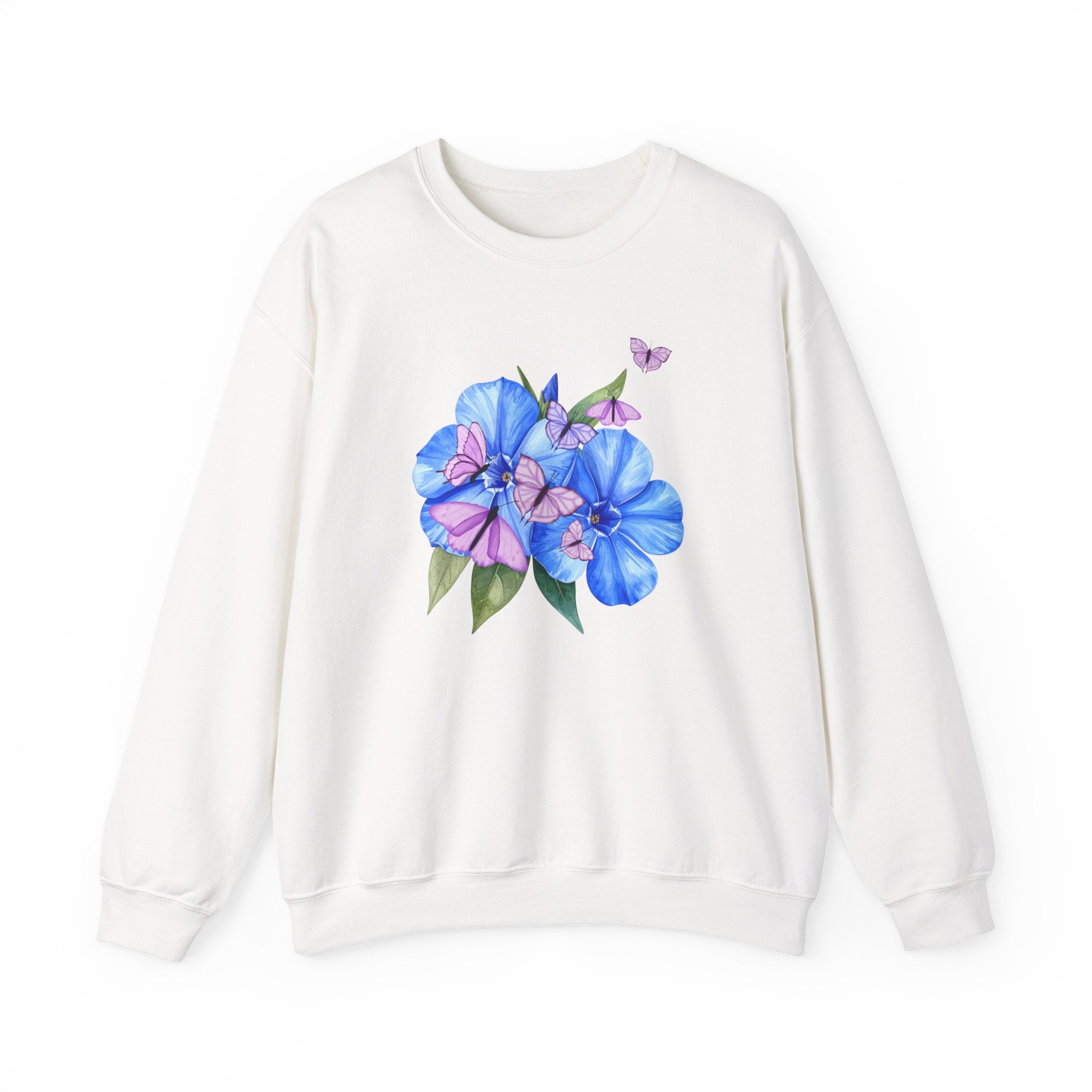 White sweatshirt with a flower and butterfly design on a white background