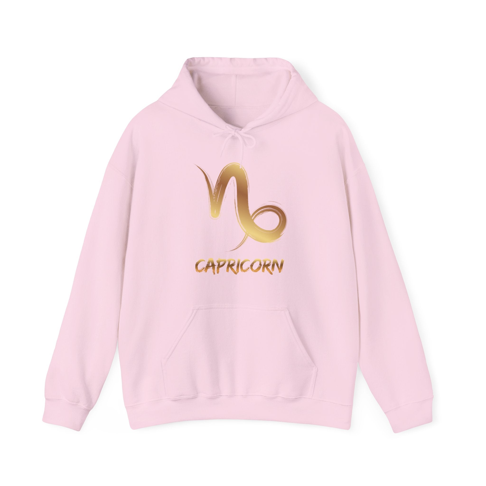 Pink hoodie with gold Capricorn zodiac symbol on a white background