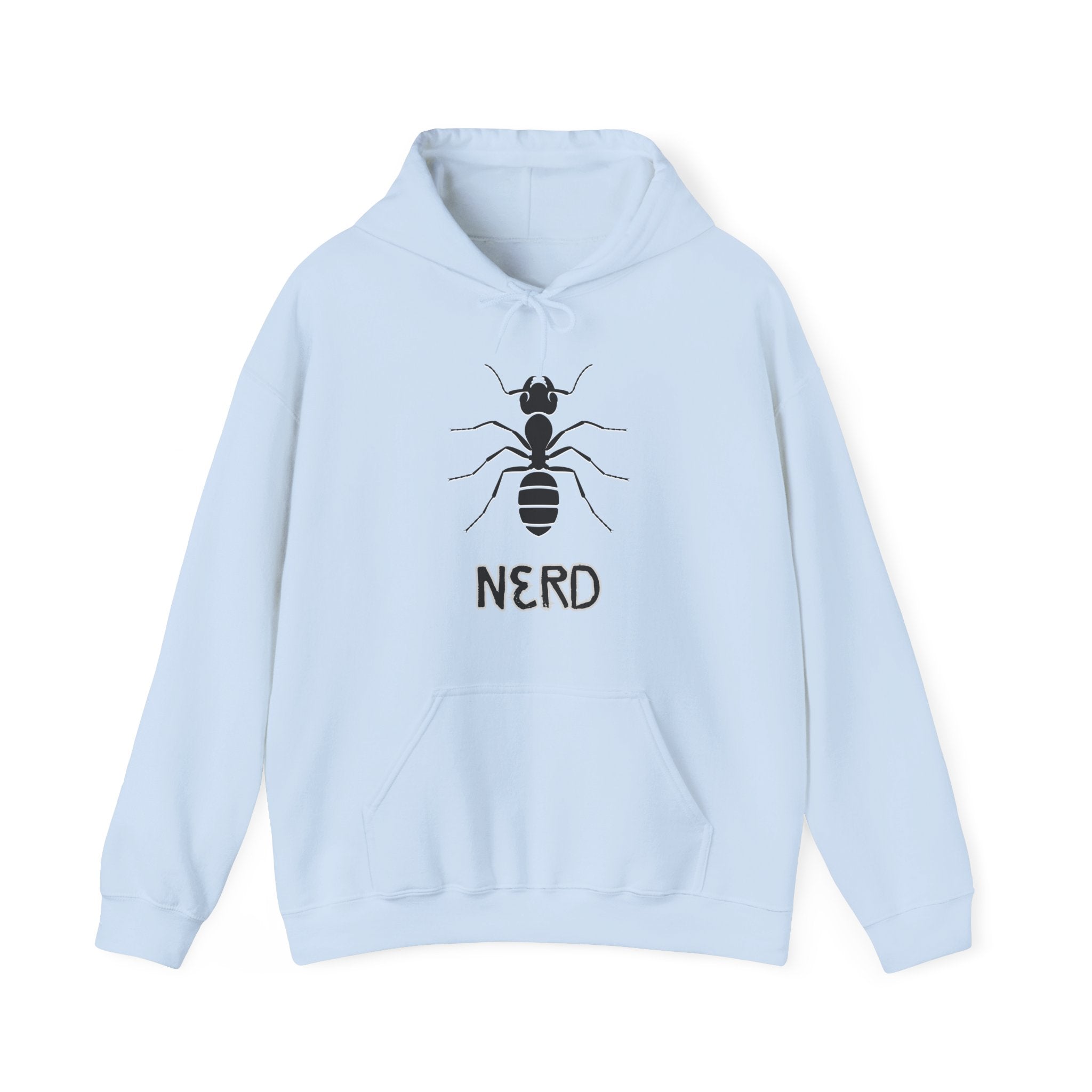 Light blue hoodie with ant and 'NERD' text design on a white background
