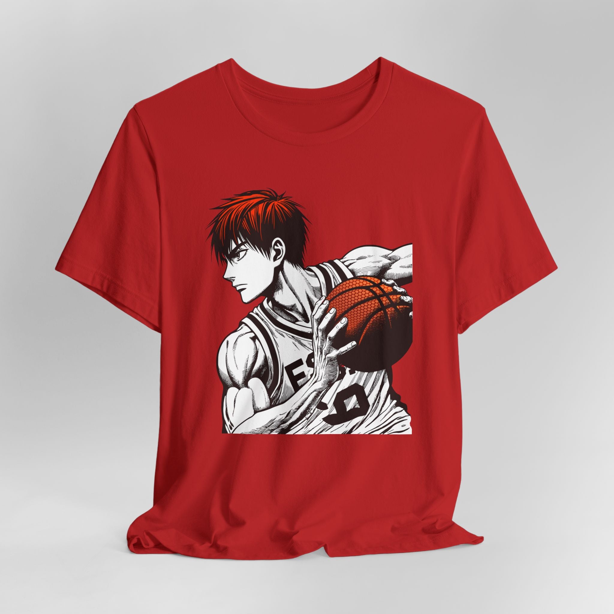 Red t-shirt with an anime-style graphic of a character holding a basketball on a gray background