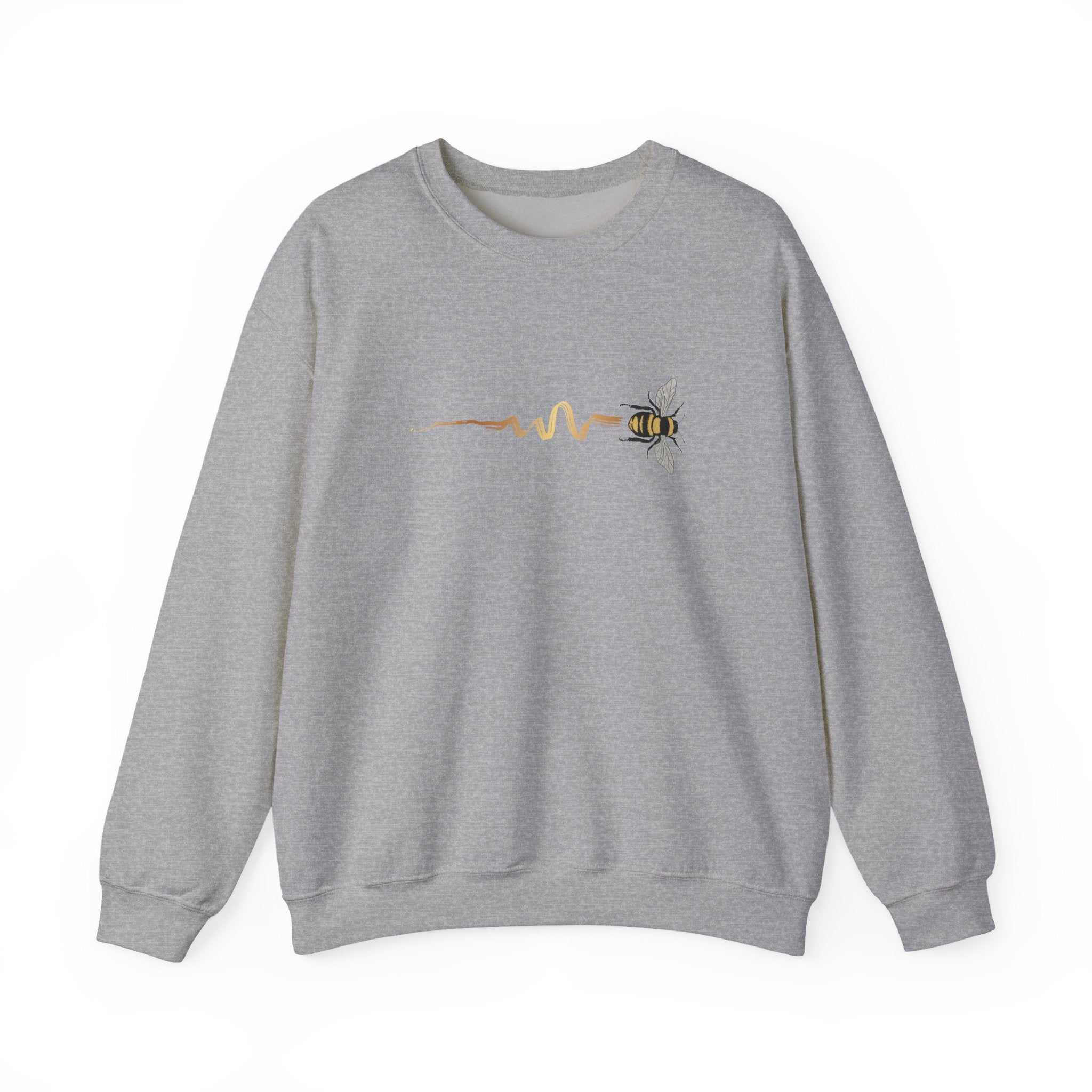 Gray sweatshirt with a bee design on a white background
