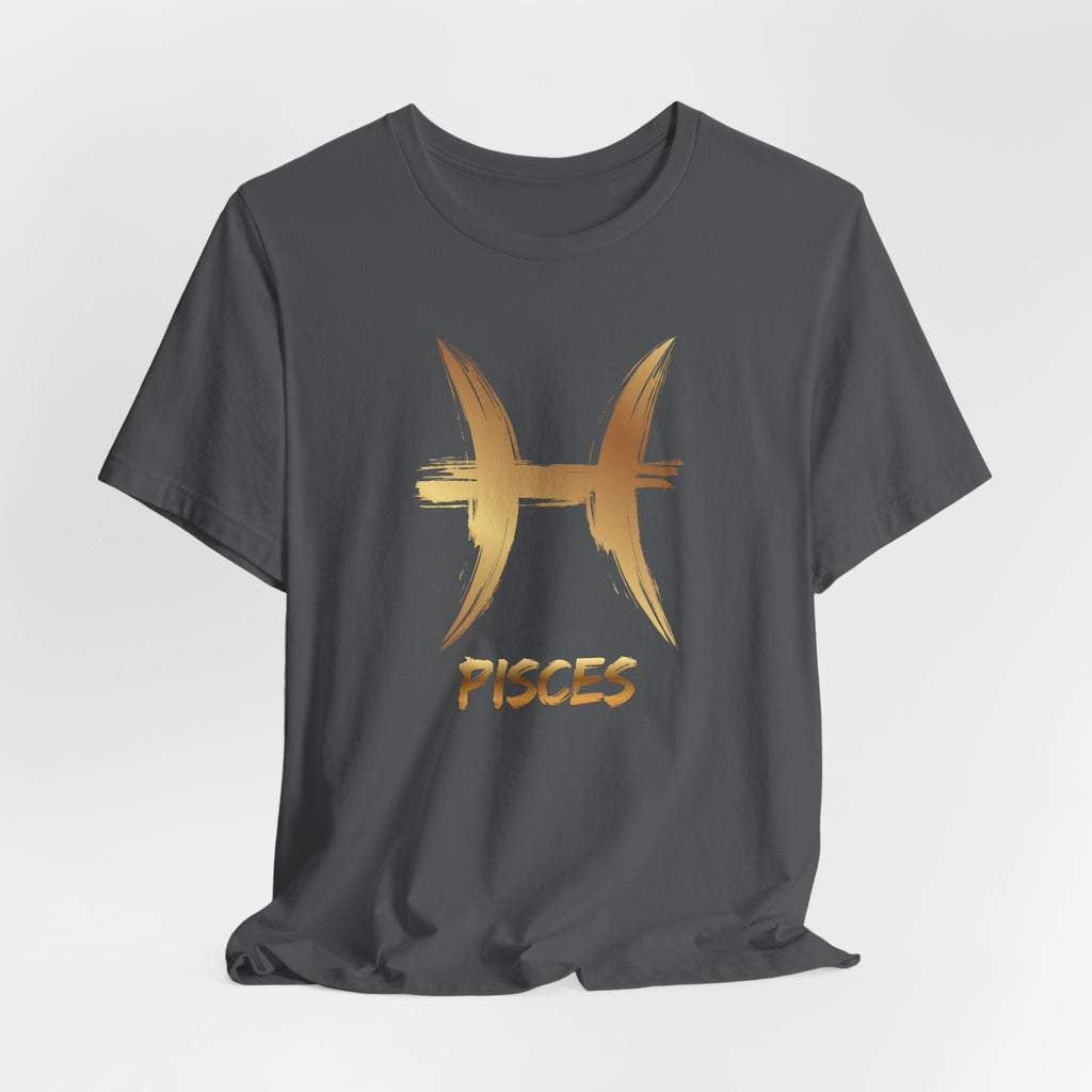 Gray t-shirt with gold Pisces symbol and text on a light gray background