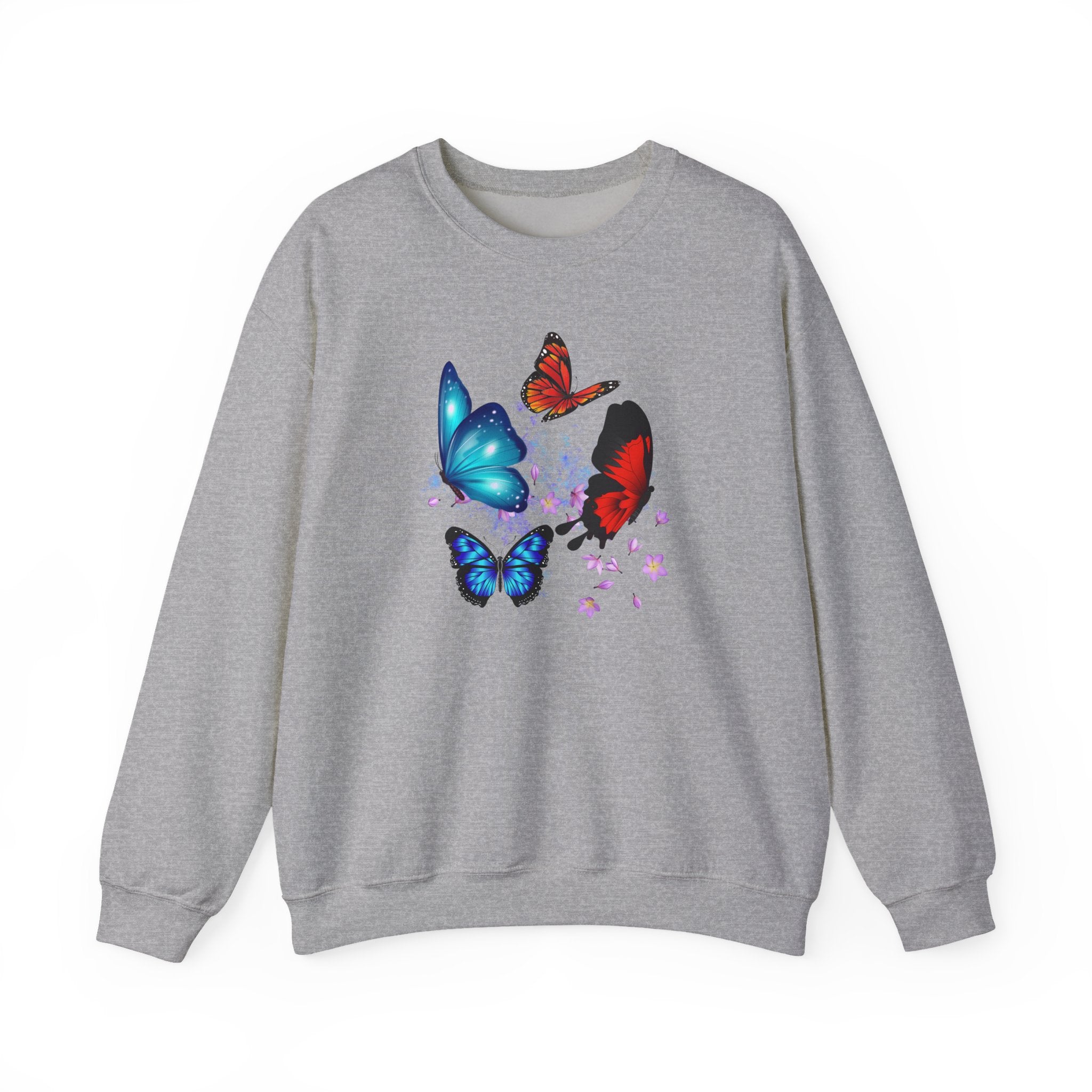 Gray sweatshirt with colorful butterfly design on a white background