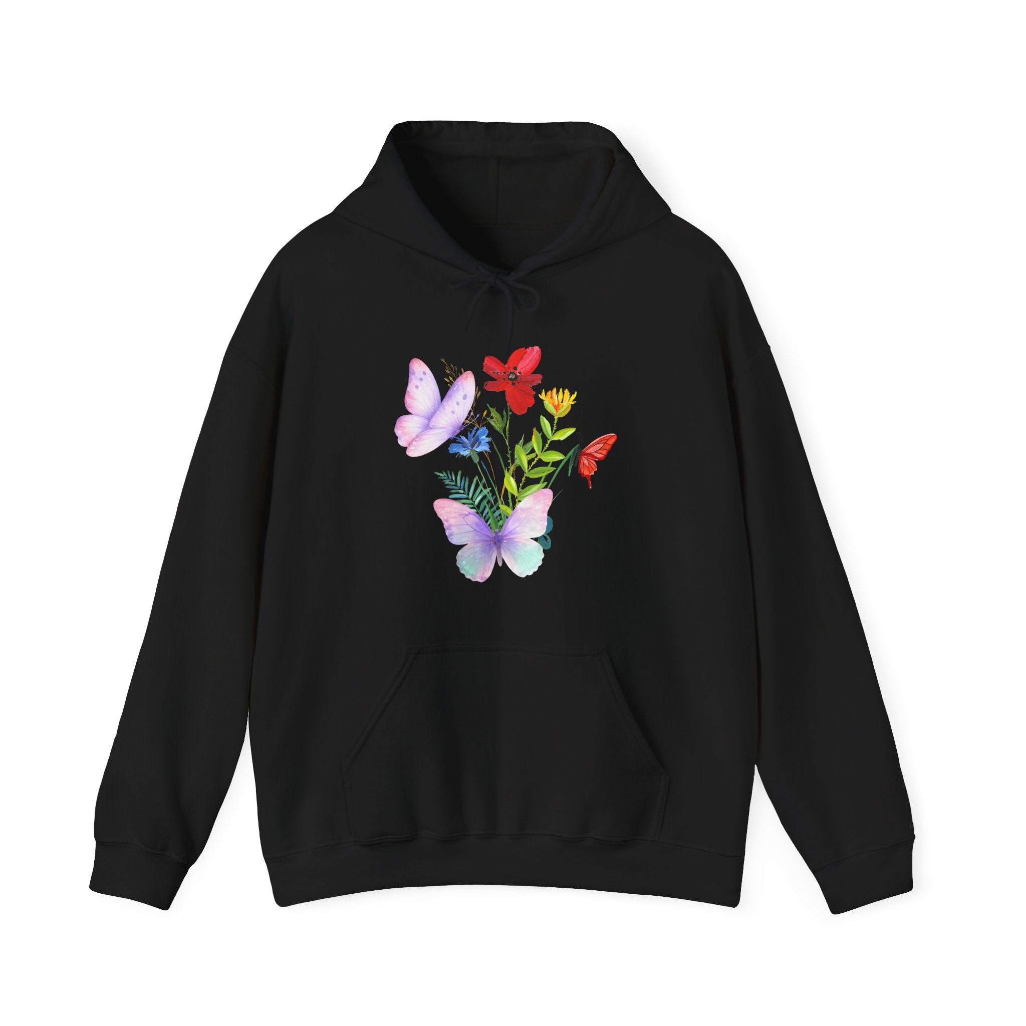 Black hoodie with colorful butterfly and flower design on a white background