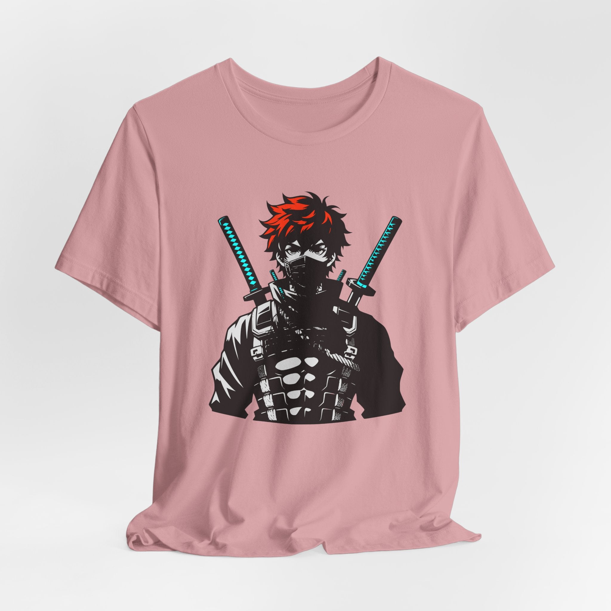 Pink t-shirt with a graphic of a character holding two swords on a light gray background