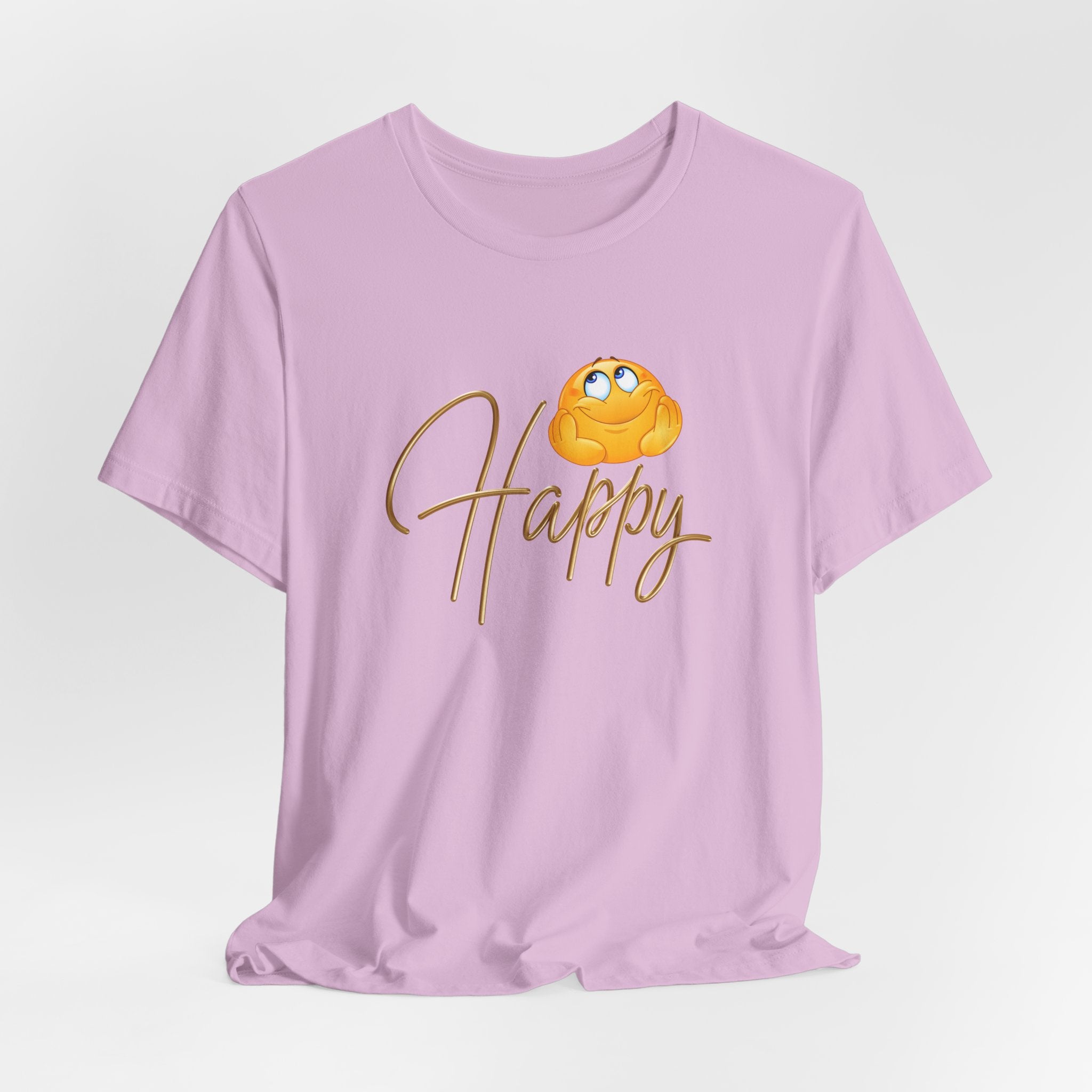 Purple t-shirt with a cartoon character and 'Happy' text on a light gray background