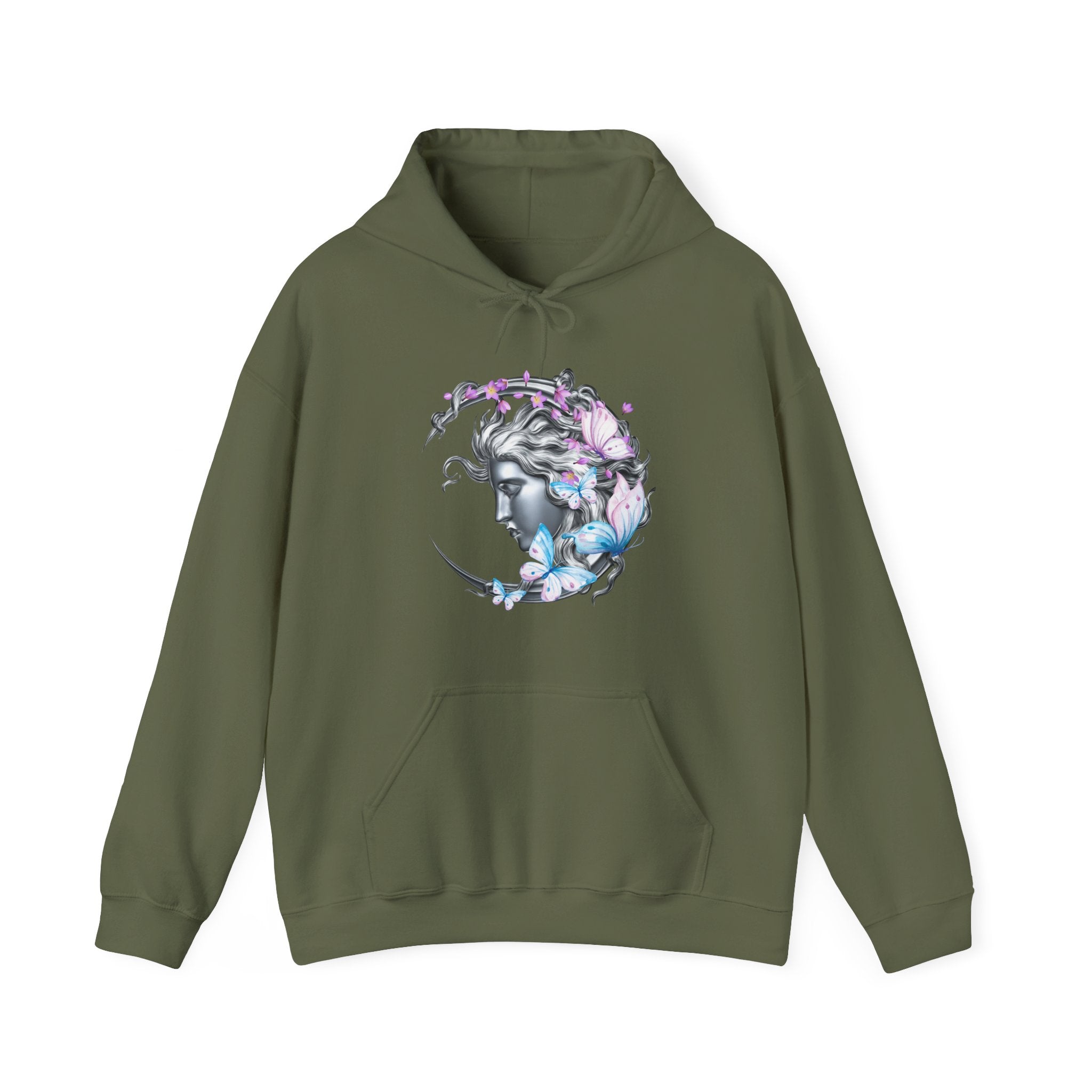 Military green hoodie with a woman and flower design on a white background