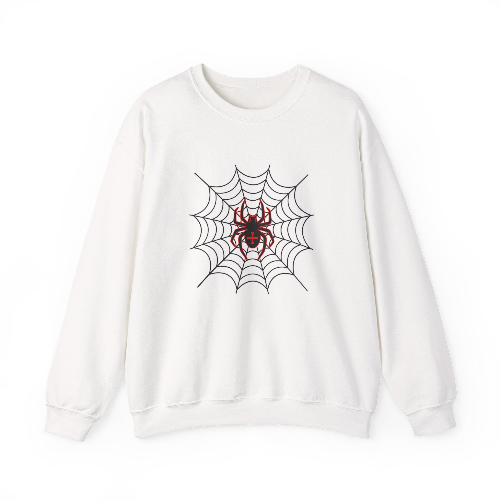 White sweatshirt with a spider and web design on a white background