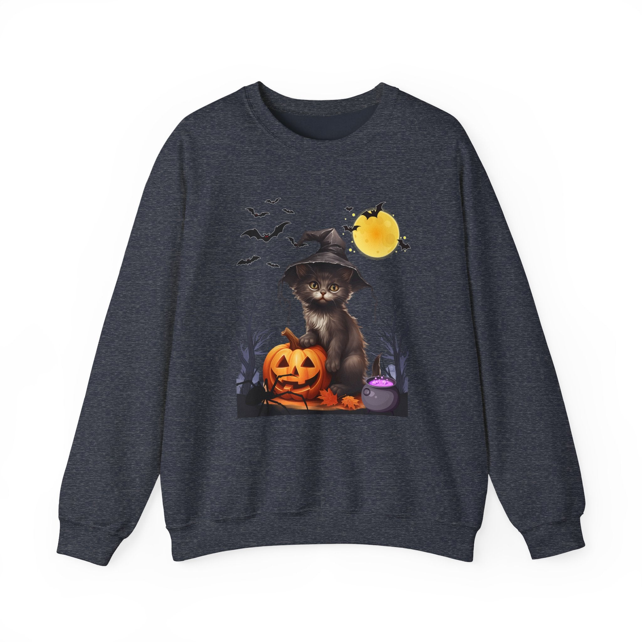 Gray sweatshirt with a Halloween-themed design featuring a cat in a witch hat and pumpkin.