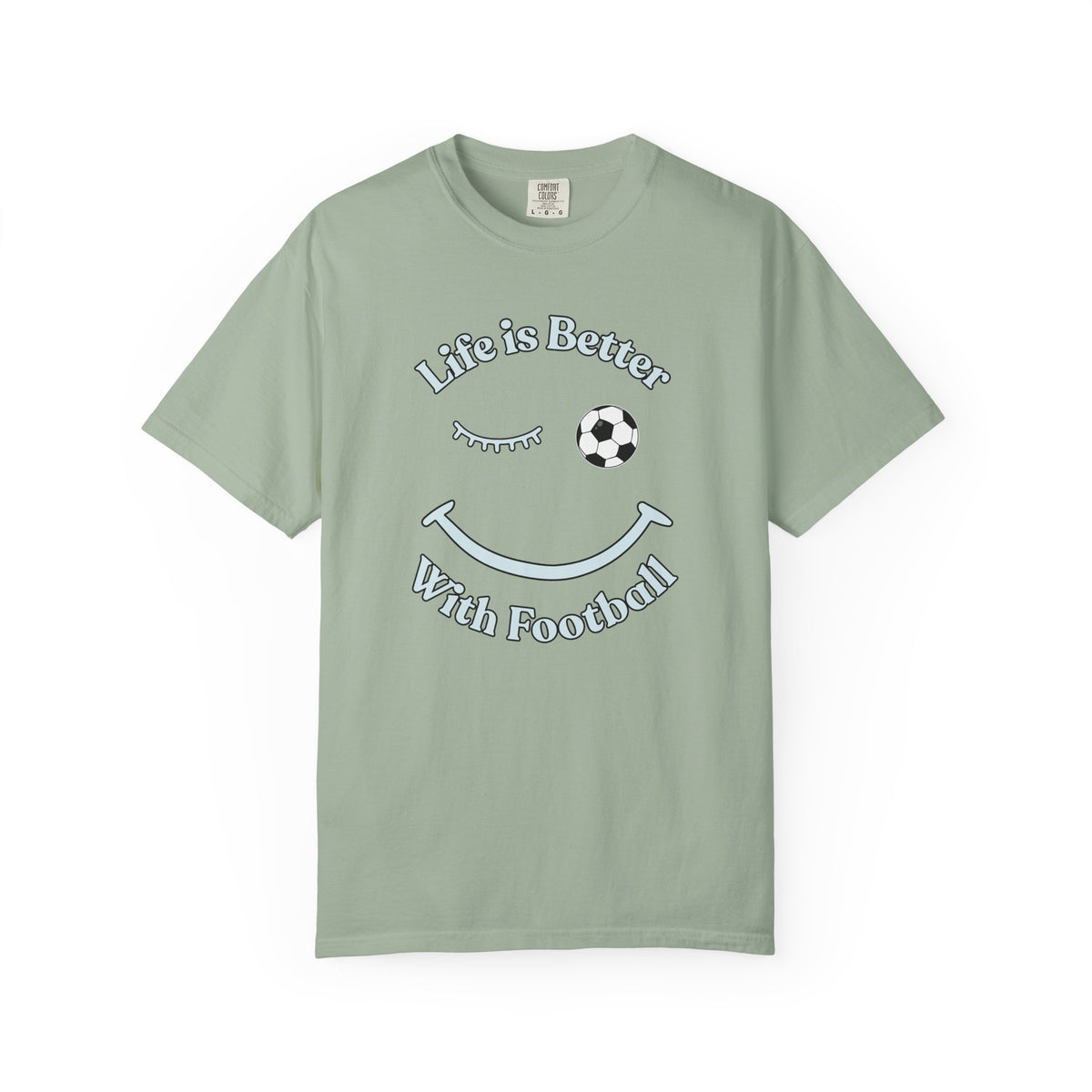 Light green t-shirt with 'Life is Better With Football' text and smiley face design on a white background