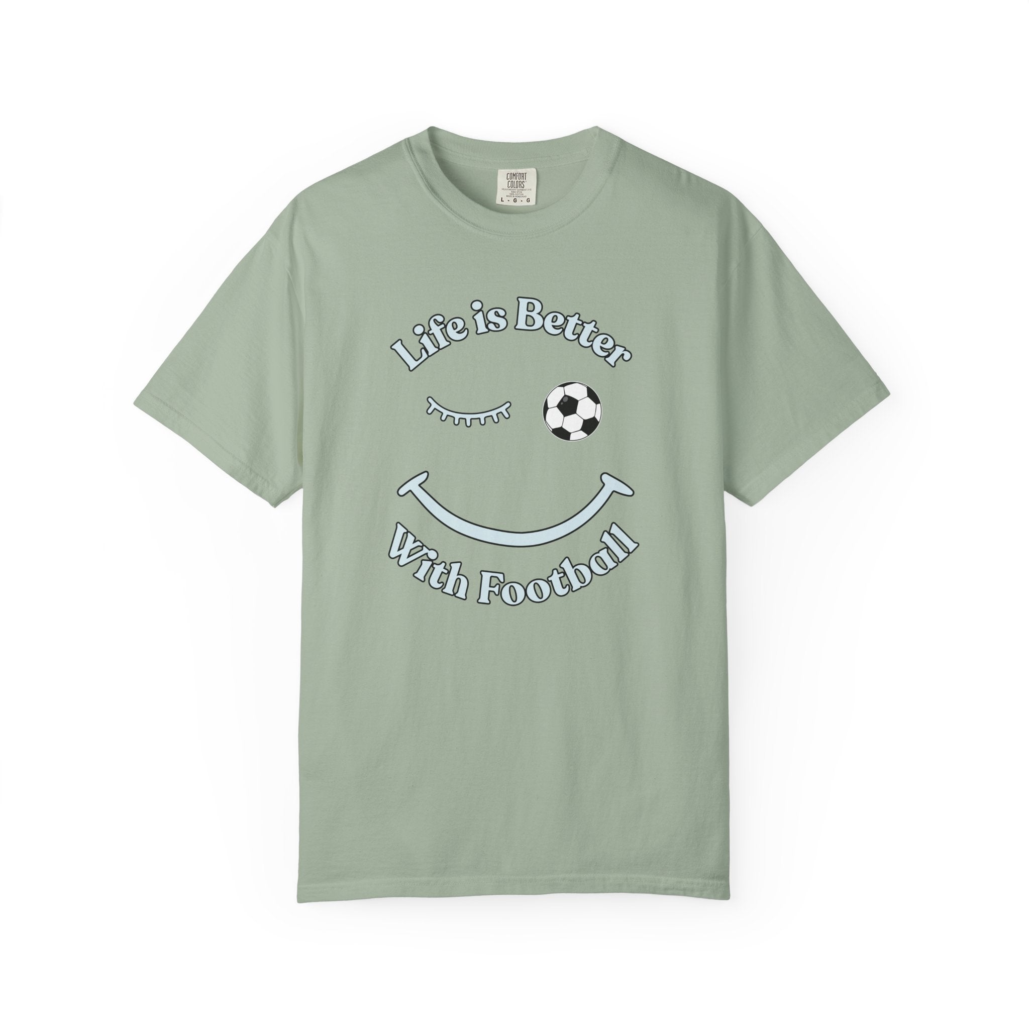 Light green t-shirt with 'Life is Better With Football' text and smiley face design on a white background