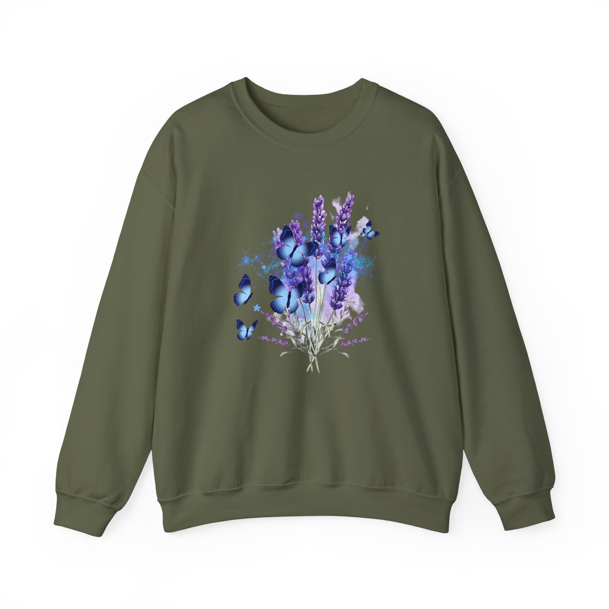 Green sweatshirt with a floral and butterfly design on a white background