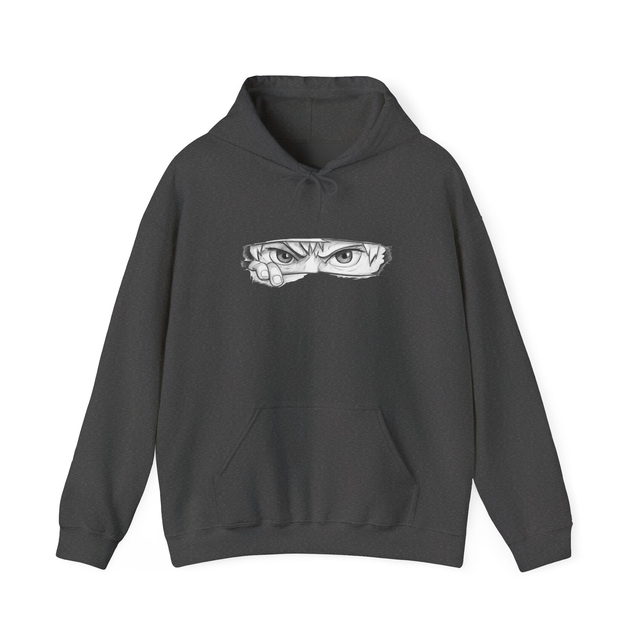Dark gray hoodie with a graphic of a anime eye on a white background