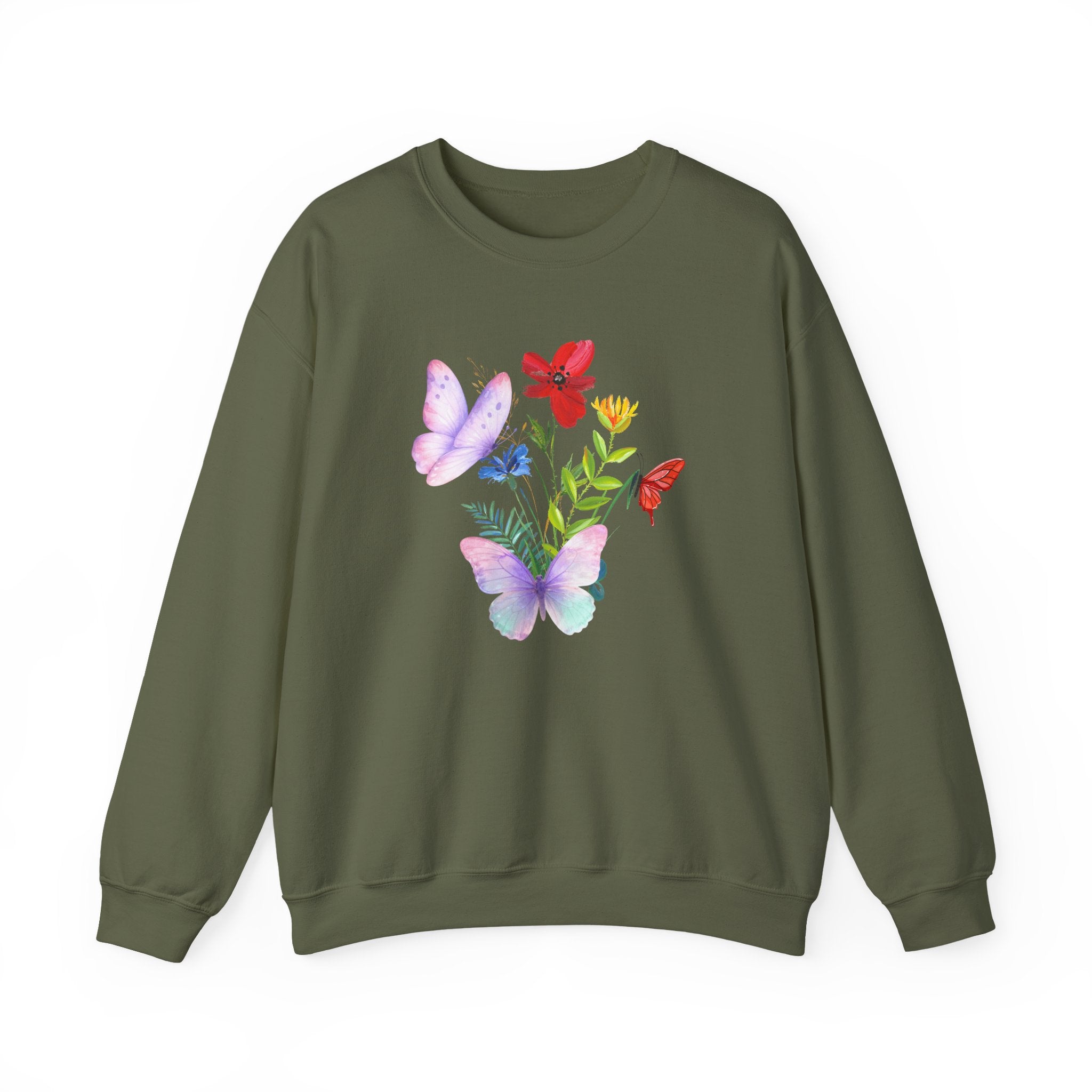 Green sweatshirt with butterfly and floral design on a white background