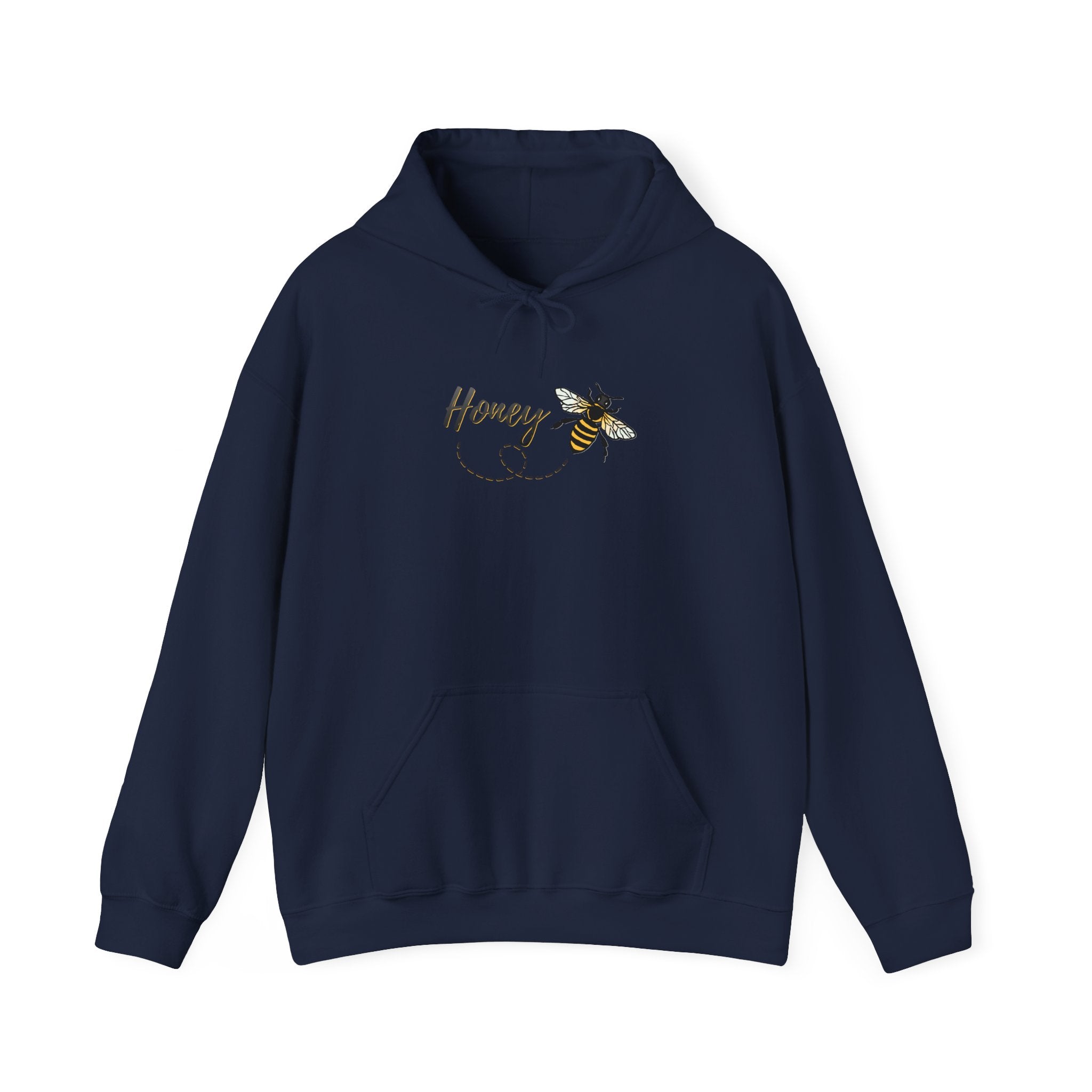 Navy blue hoodie with honey bee animal & text "Honey" on a white background
