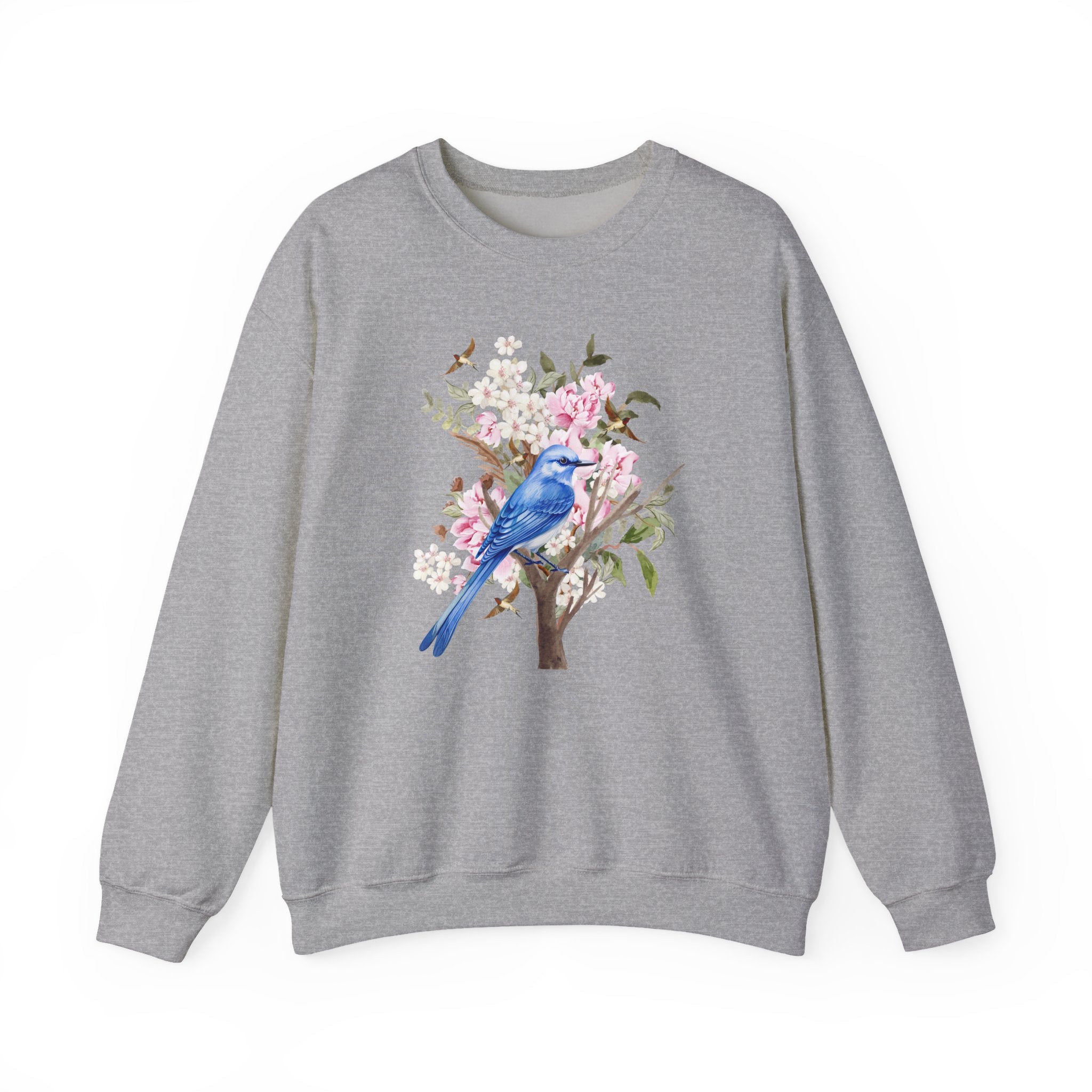 Gray sweatshirt with a blue bird and floral design on a white background