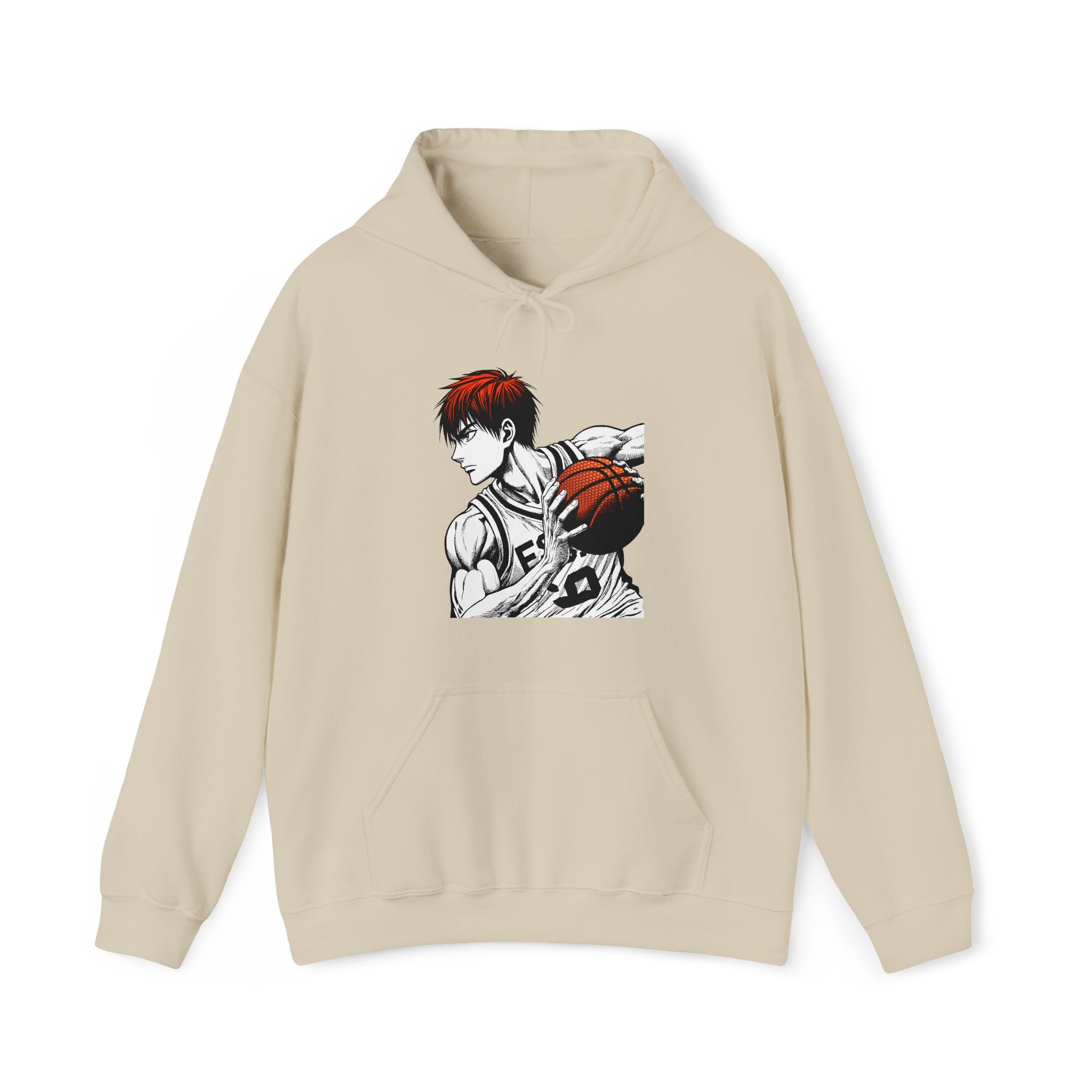 Beige hoodie with an anime character holding a basketball design on a white background