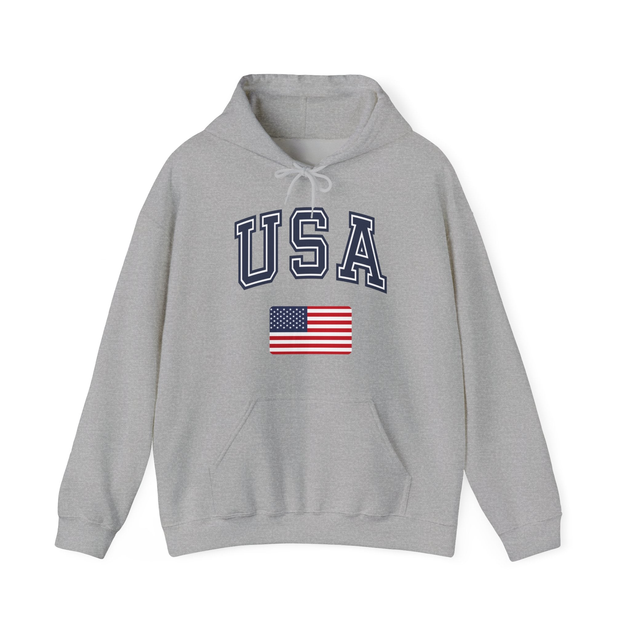 Gray hoodie with 'USA' text and American flag on a white background