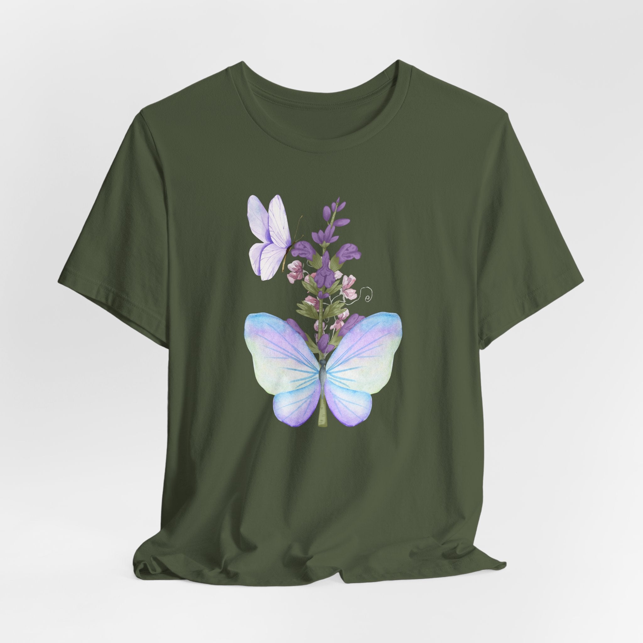 Green t-shirt with butterfly and floral design on a white background