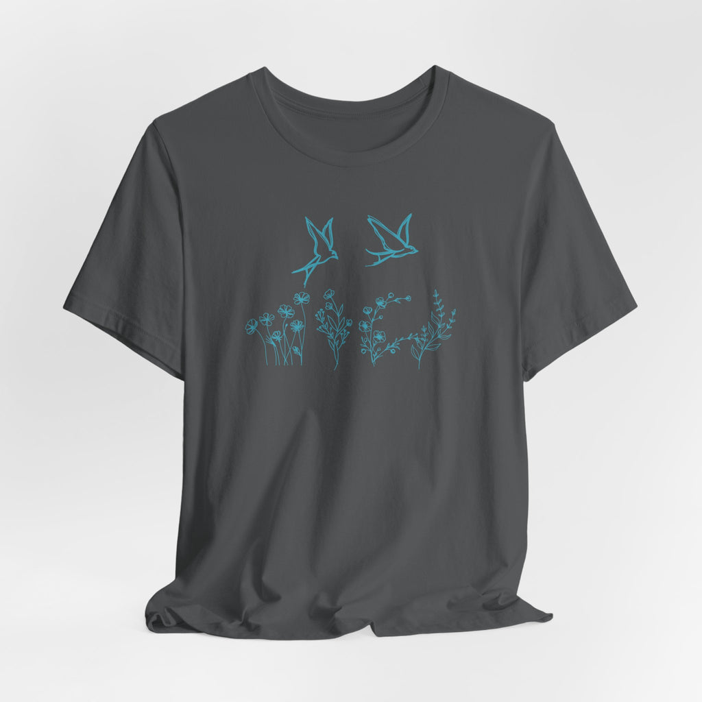 Gray t-shirt with blue floral and bird design on a white background