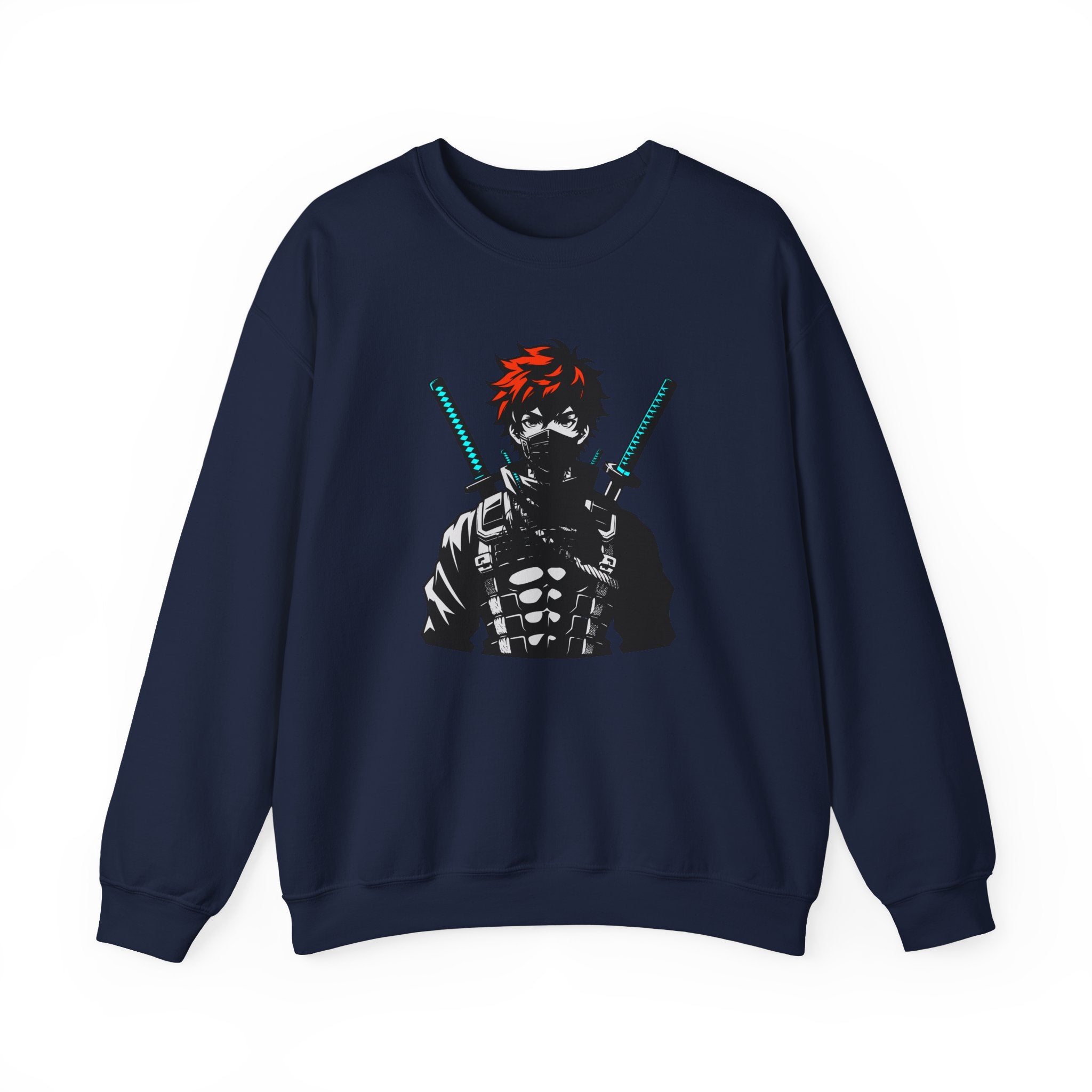 Navy blue sweatshirt with a graphic design of a character with red hair and swords on a white background